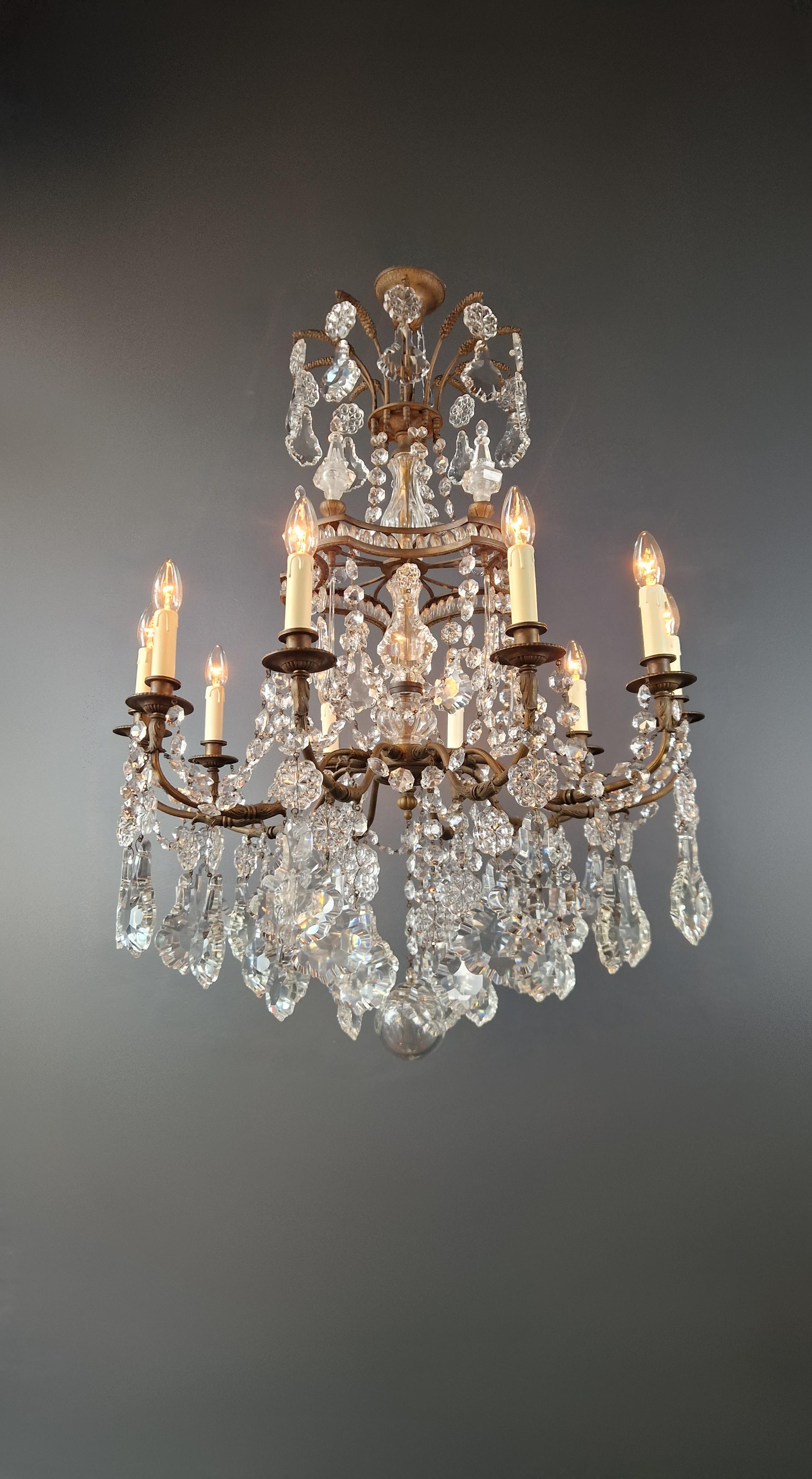 Early 20th Century Art Nouveau Crystal Chandelier Brass Large Crystals Traditional Antique Ceiling For Sale