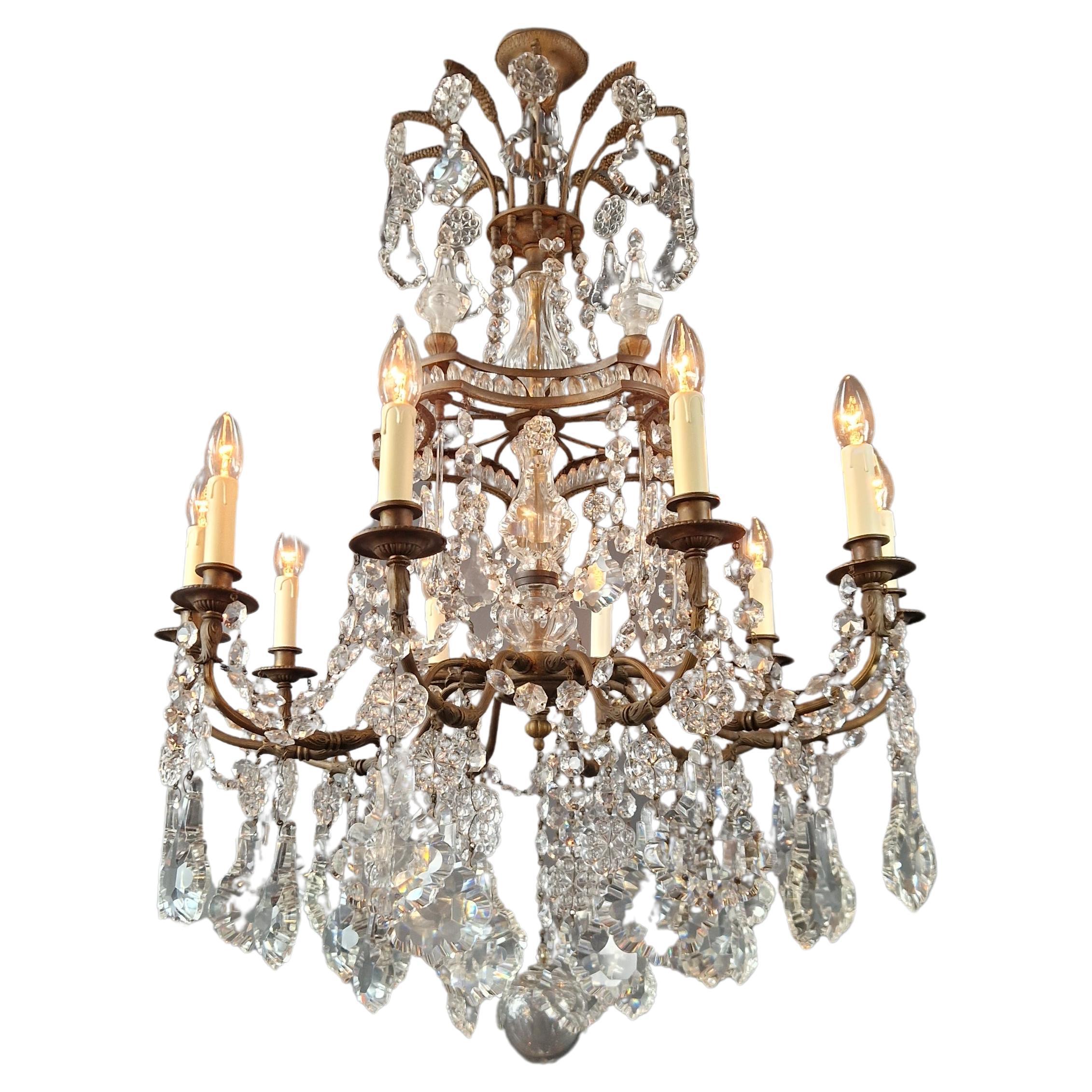 Lustre Art Nouveau en laiton, grands cristaux, plafonnier traditionnel ancien