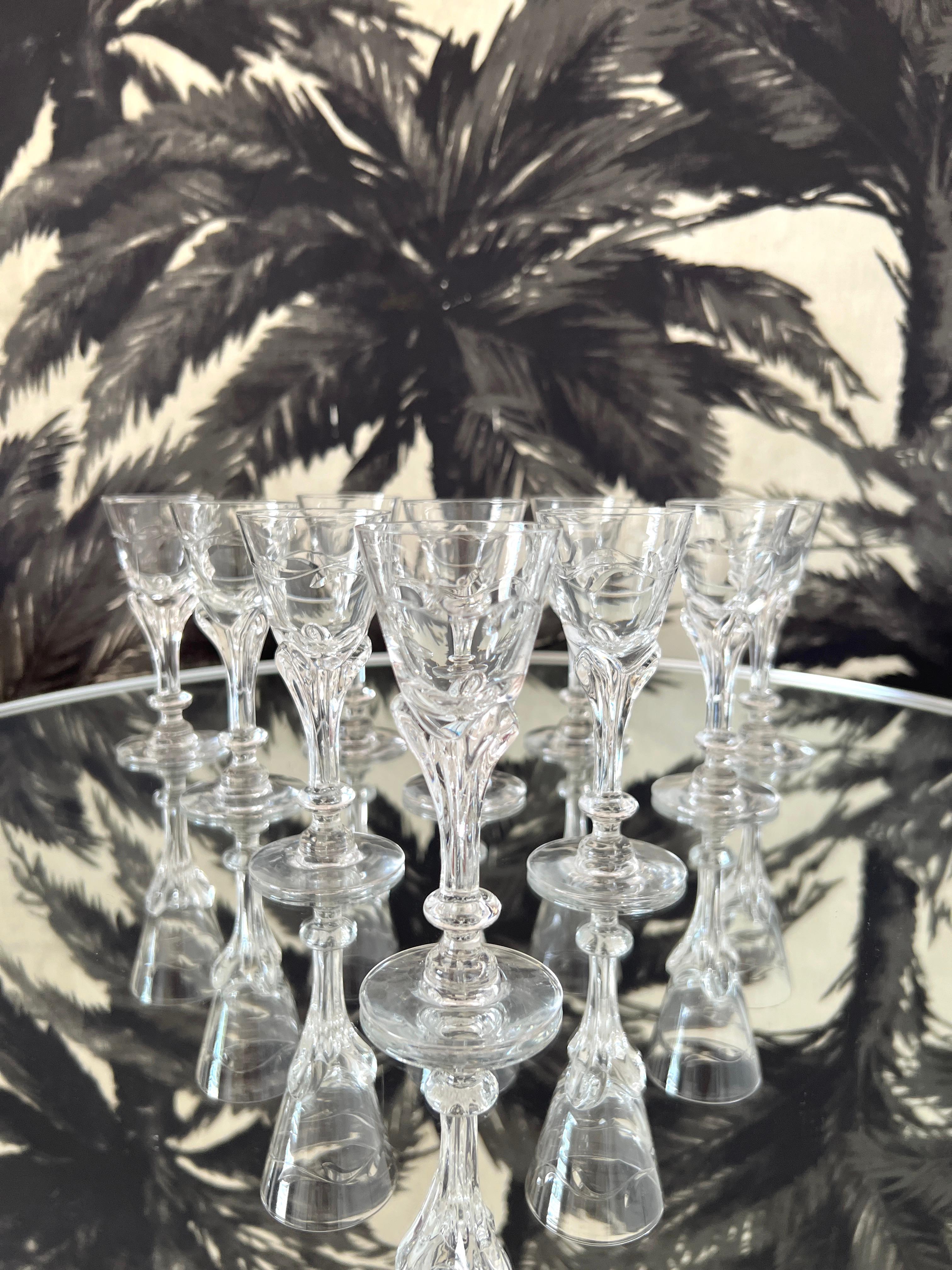 Etched Art Nouveau Crystal Cordial Glasses by Tiffin Glass, Set of Ten For Sale