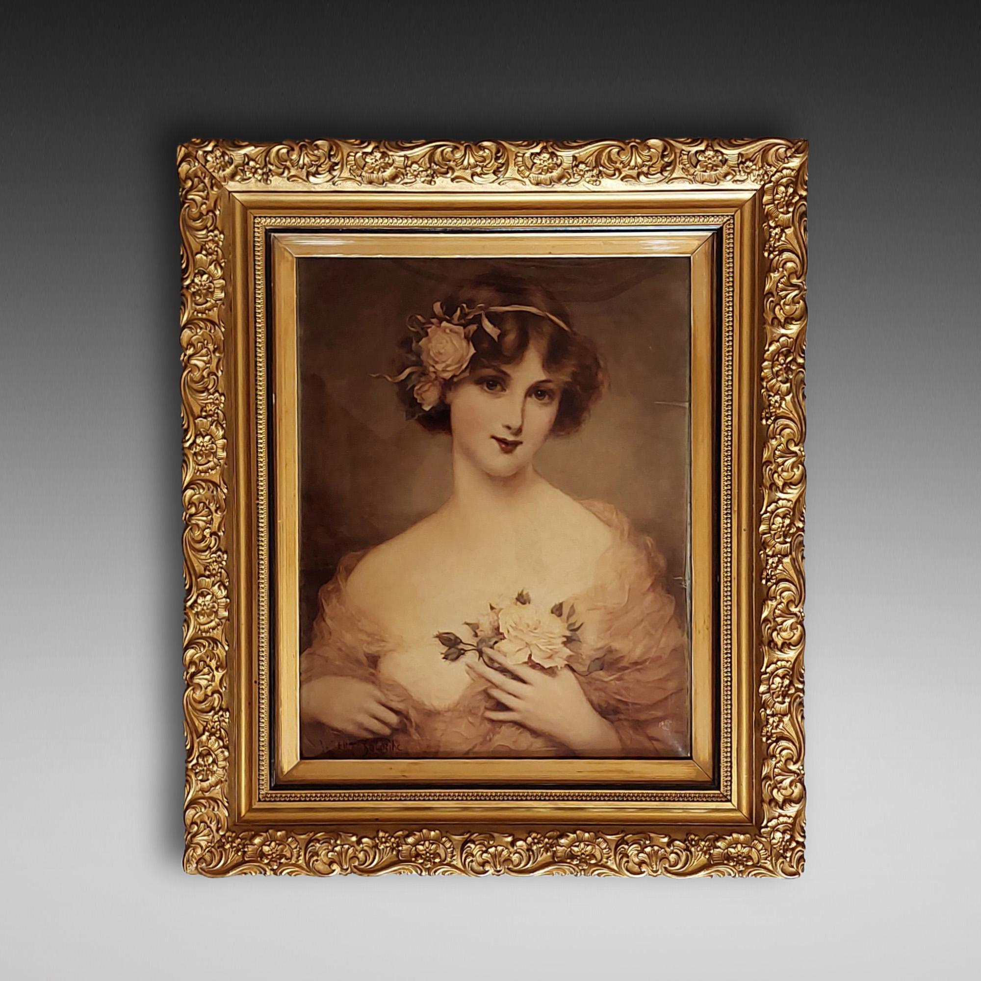 Art Nouveau Crystoleum Portrait - depicting classical maiden in gilt frame - Signed Albert Solbiac. - in decorative gilt moulded frames - 18