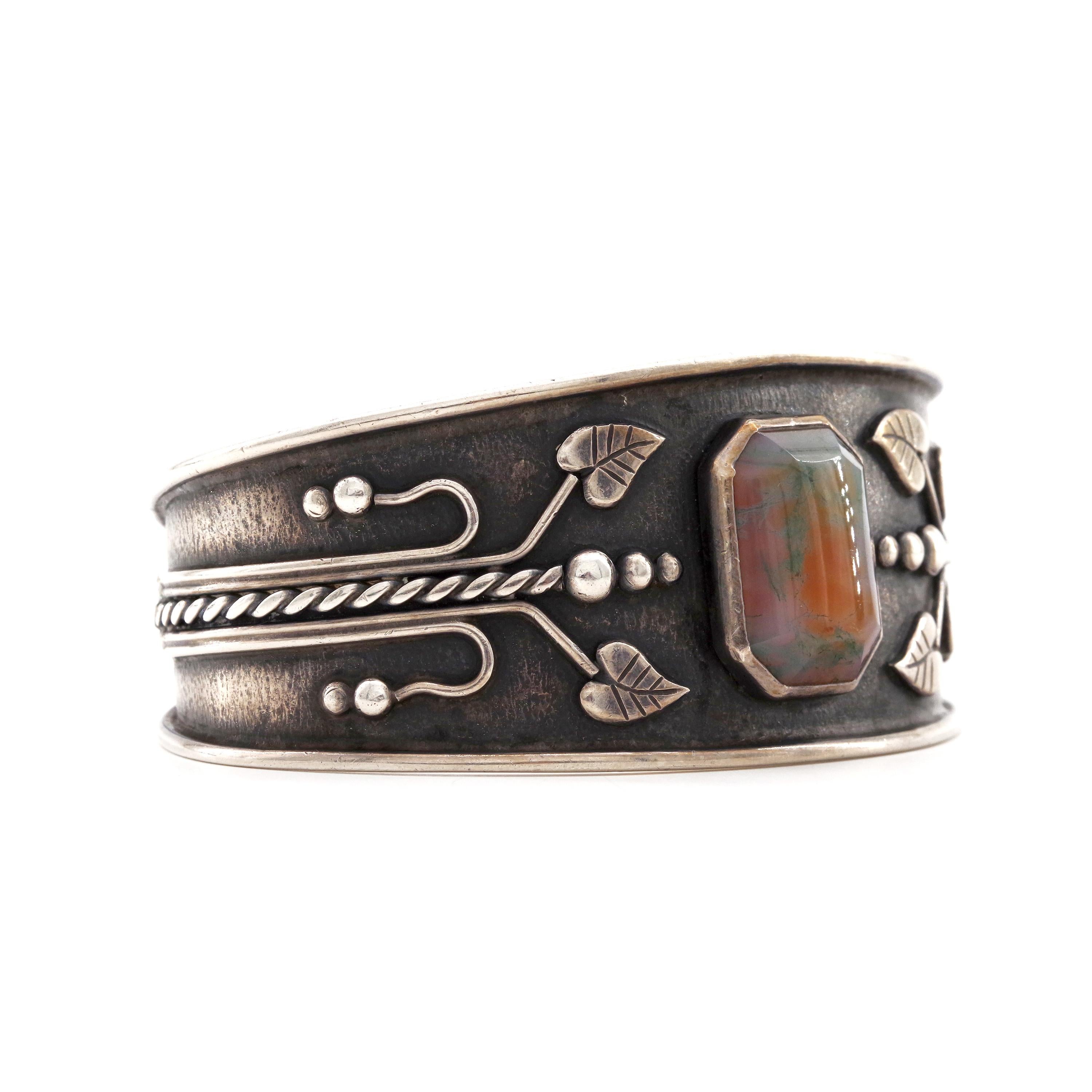 Women's or Men's Art Nouveau Cuff Bracelet with Agate in Sterling from Europe
