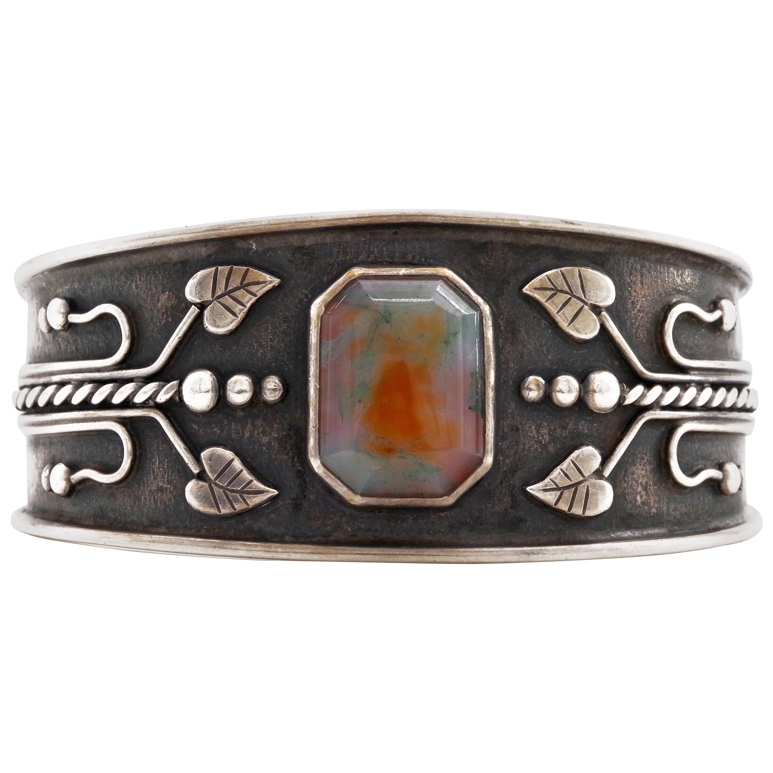 Art Nouveau Cuff Bracelet with Agate in Sterling from Europe