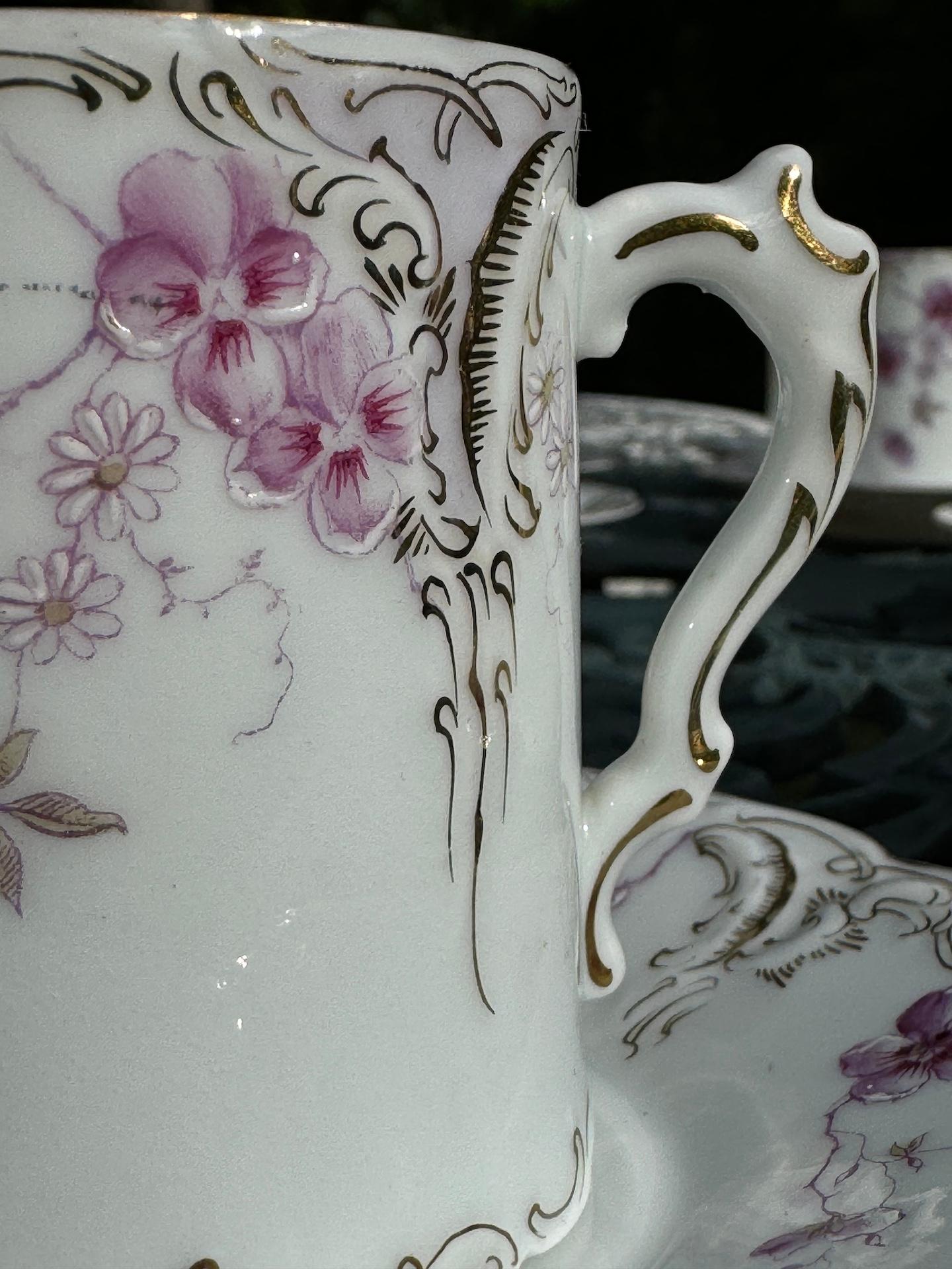 Art Nouveau Taza Platillo Pintado a Mano Oro Púrpura Blanco Porcelana by Rosenthal 5