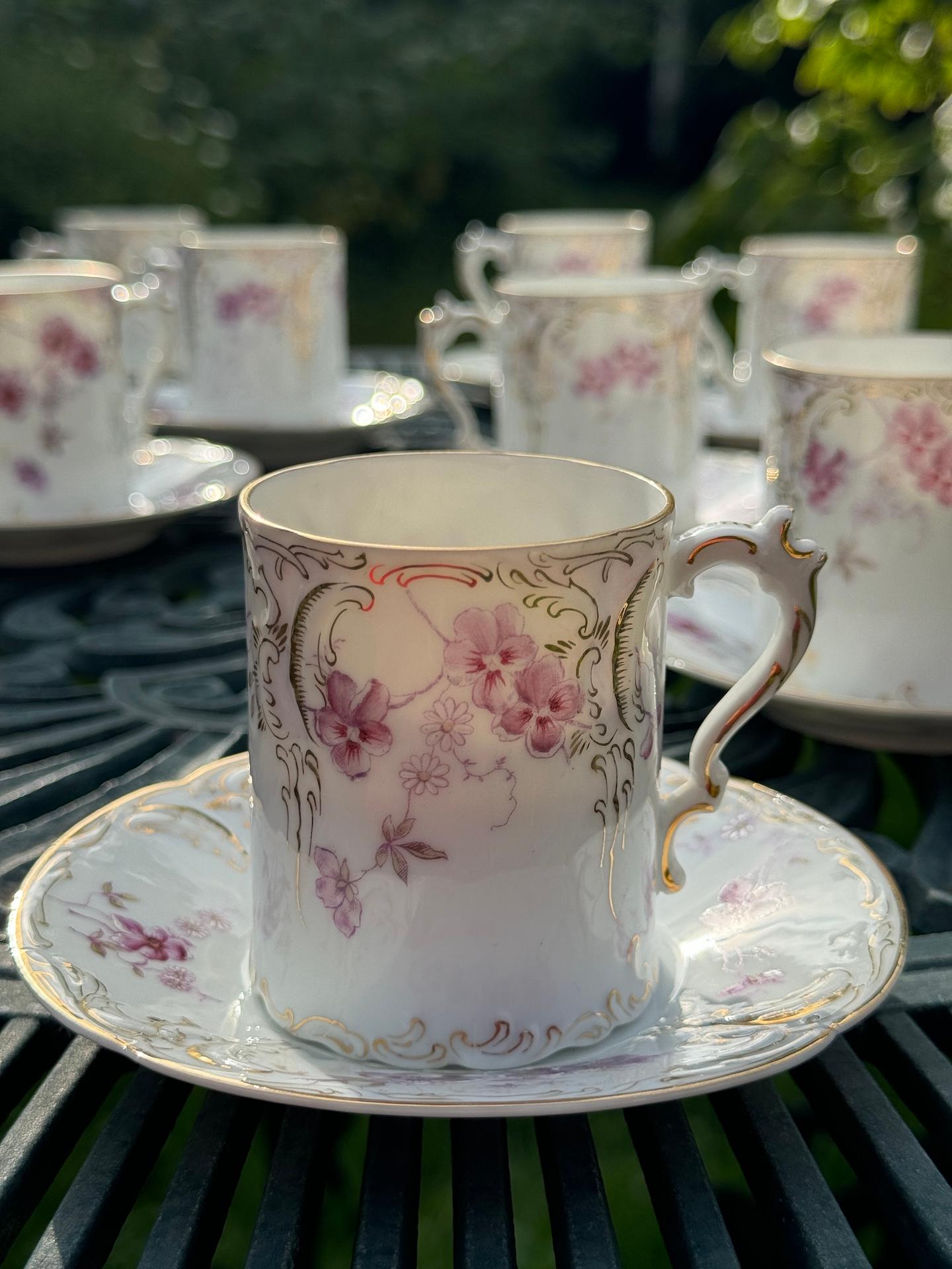 Art Nouveau Taza Platillo Pintado a Mano Oro Púrpura Blanco Porcelana by Rosenthal Pintado a mano