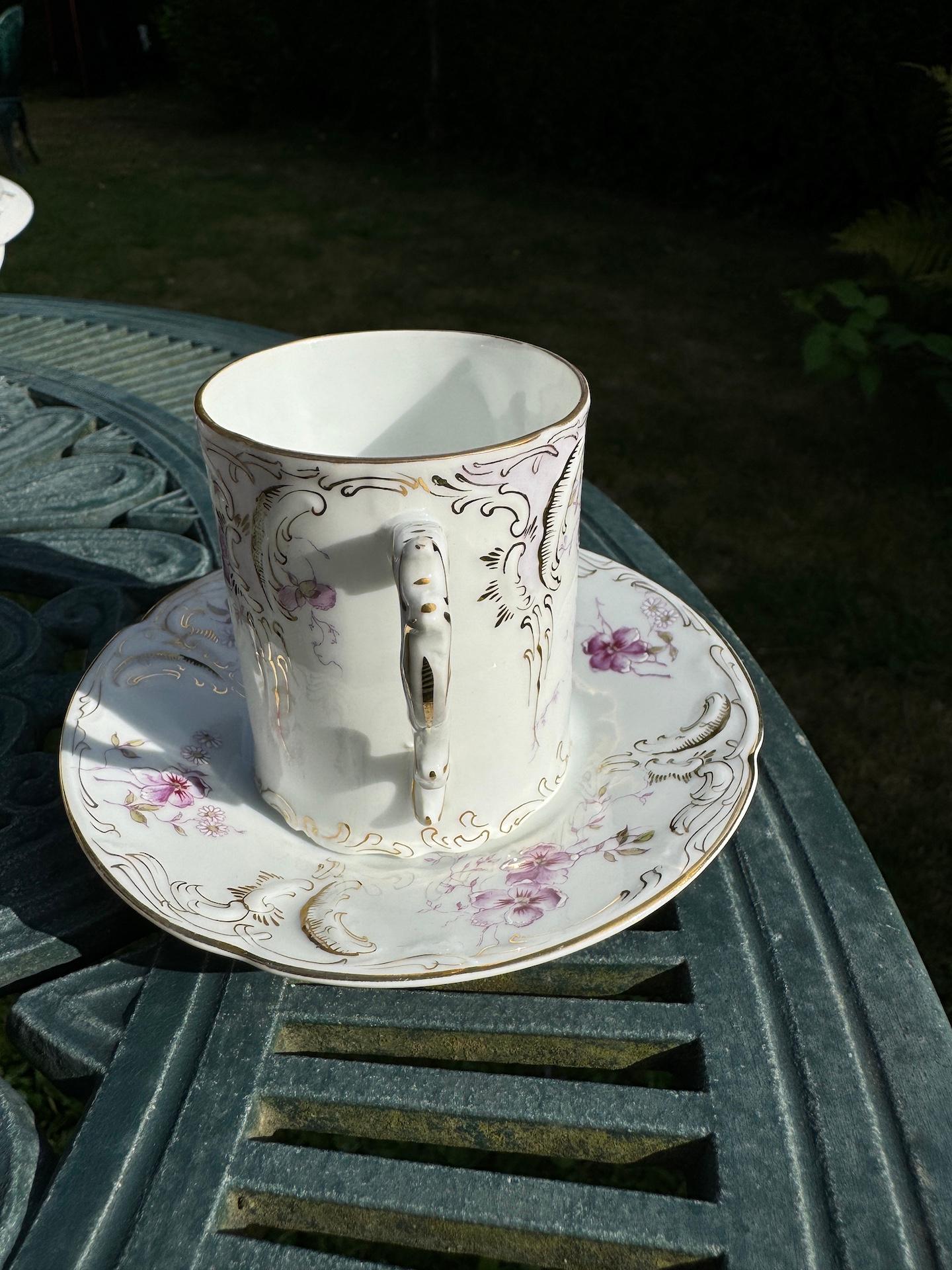Art Nouveau Taza Platillo Pintado a Mano Oro Púrpura Blanco Porcelana by Rosenthal 3