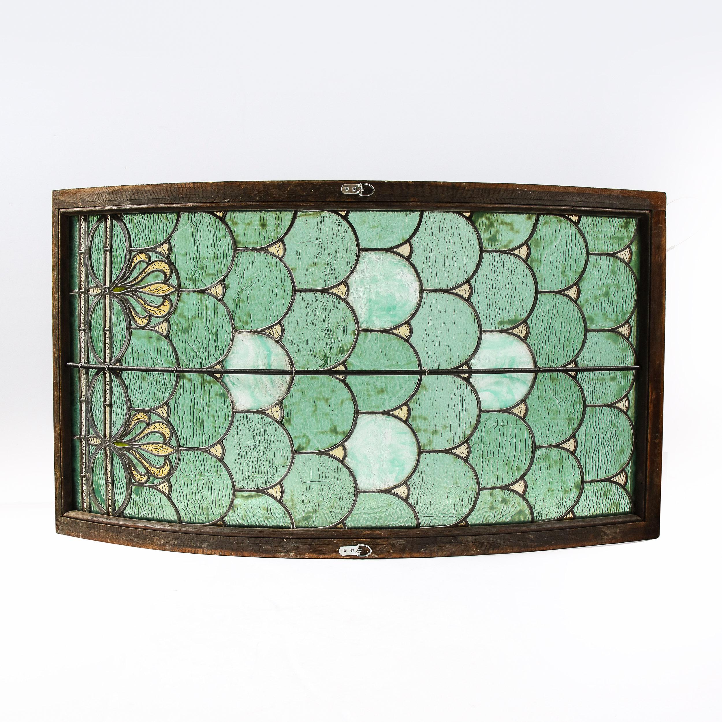 Art Nouveau Curved Stained Glass & Bronze Panel/ Window, Attributed to Tiffany For Sale 3