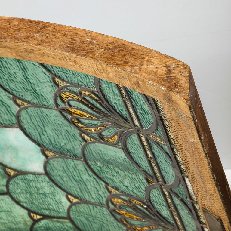 Art Nouveau Curved Stained Glass and Bronze Panel/ Window, Attributed