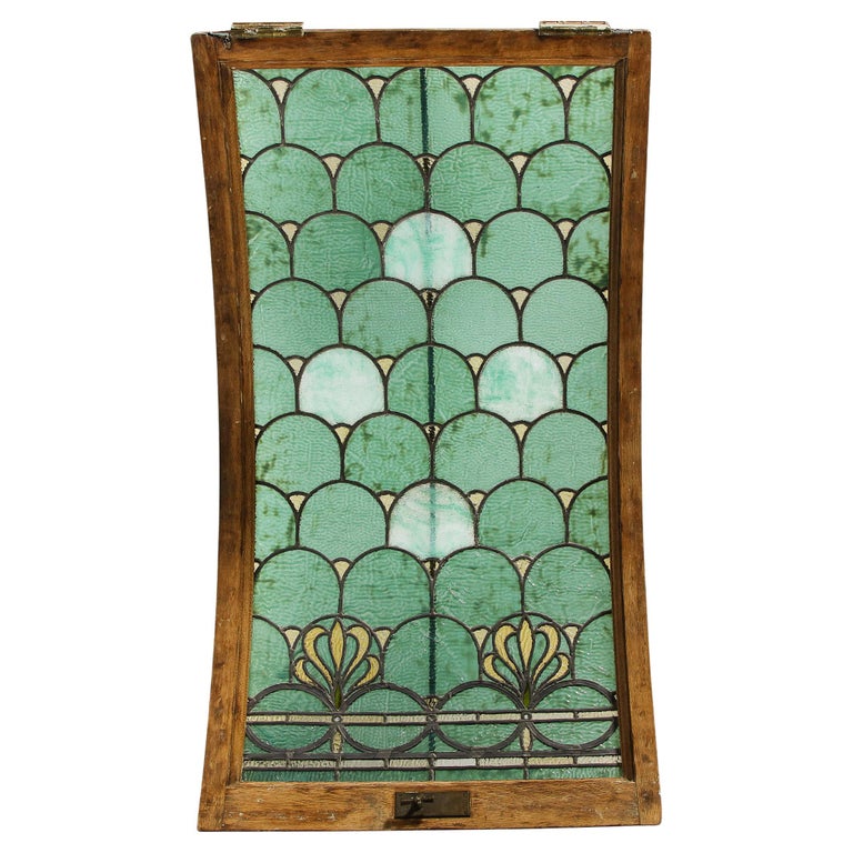 Art Nouveau Curved Stained Glass and Bronze Panel/ Window, Attributed