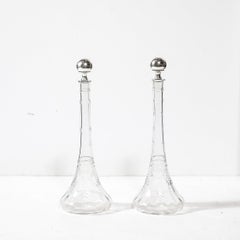 Art Nouveau Cut Crystal Decanters w/ Sterling Silver Stoppers & Etched Detailing