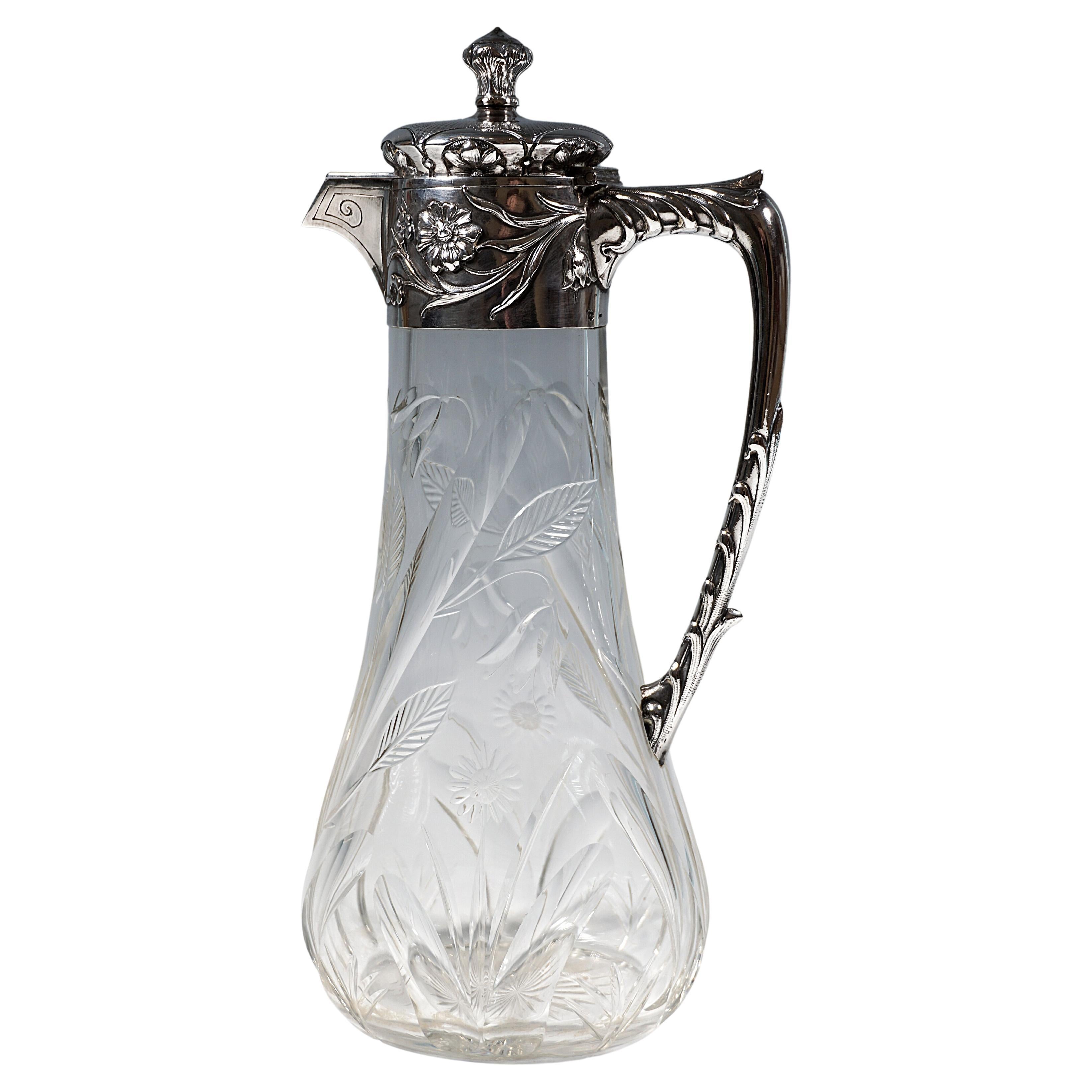 Jugendstil-Karaffe aus geschliffenem Glas mit Silbermontierung, von Vincenz Carl Dub, Wien 1900