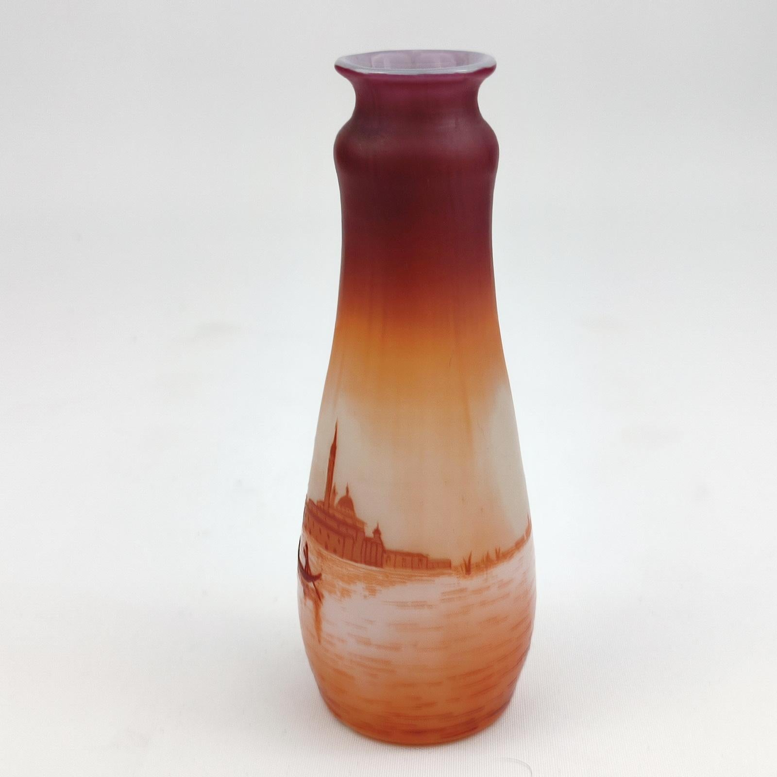 Etched Art Nouveau D'Argental Cameo Glass Vase with Venice Landscape For Sale