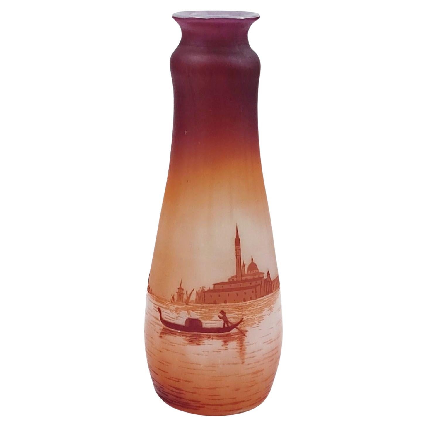 Jugendstil-Vase aus d'Argental-Kamee-Glas im Jugendstil mit Landschaft aus Venedig im Angebot