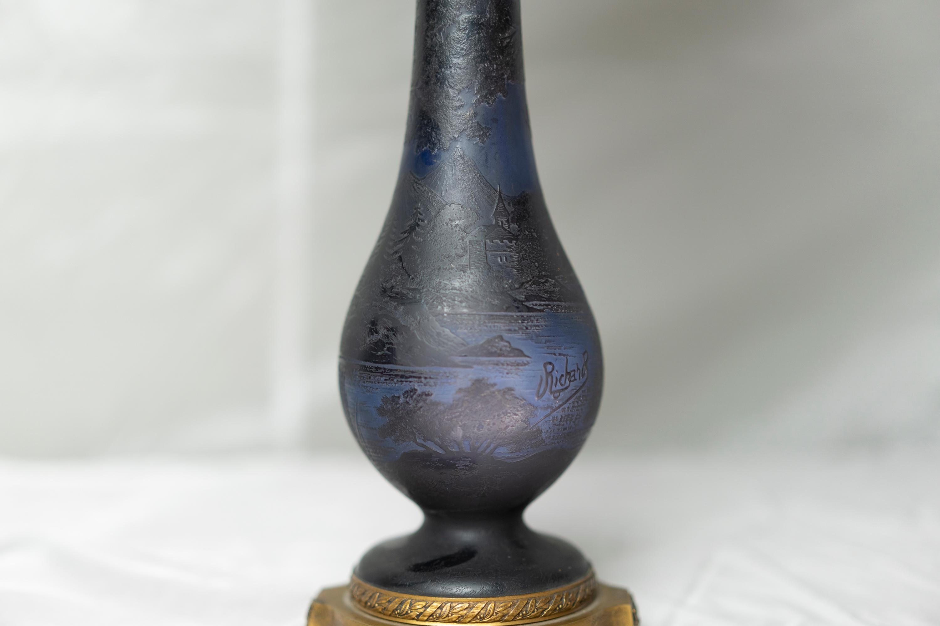 French Art Nouveau Dark Blue Pâte De Verre Table Lamp by Richard Burgsthal For Sale