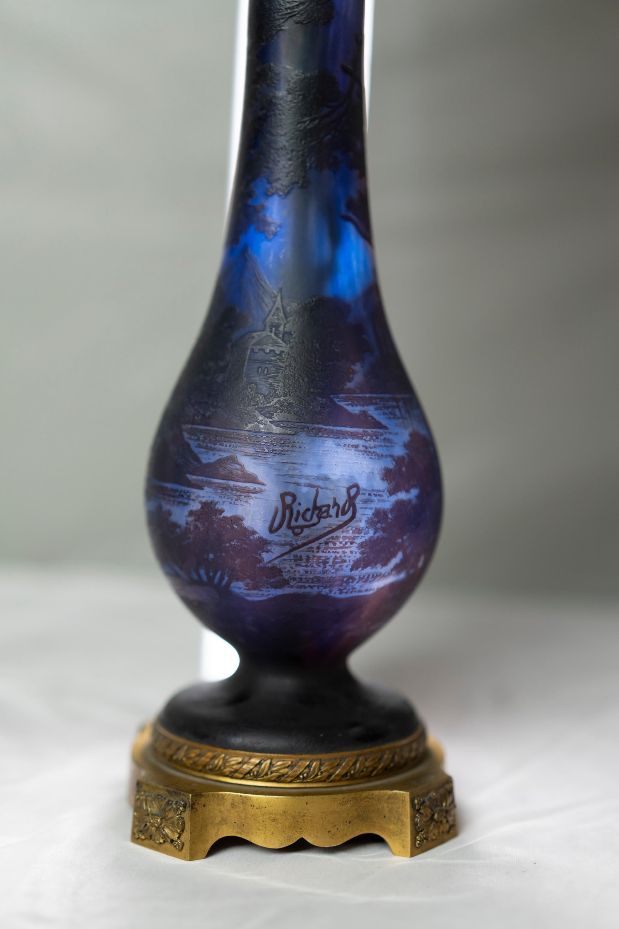 Glass Art Nouveau Dark Blue Pâte De Verre Table Lamp by Richard Burgsthal For Sale