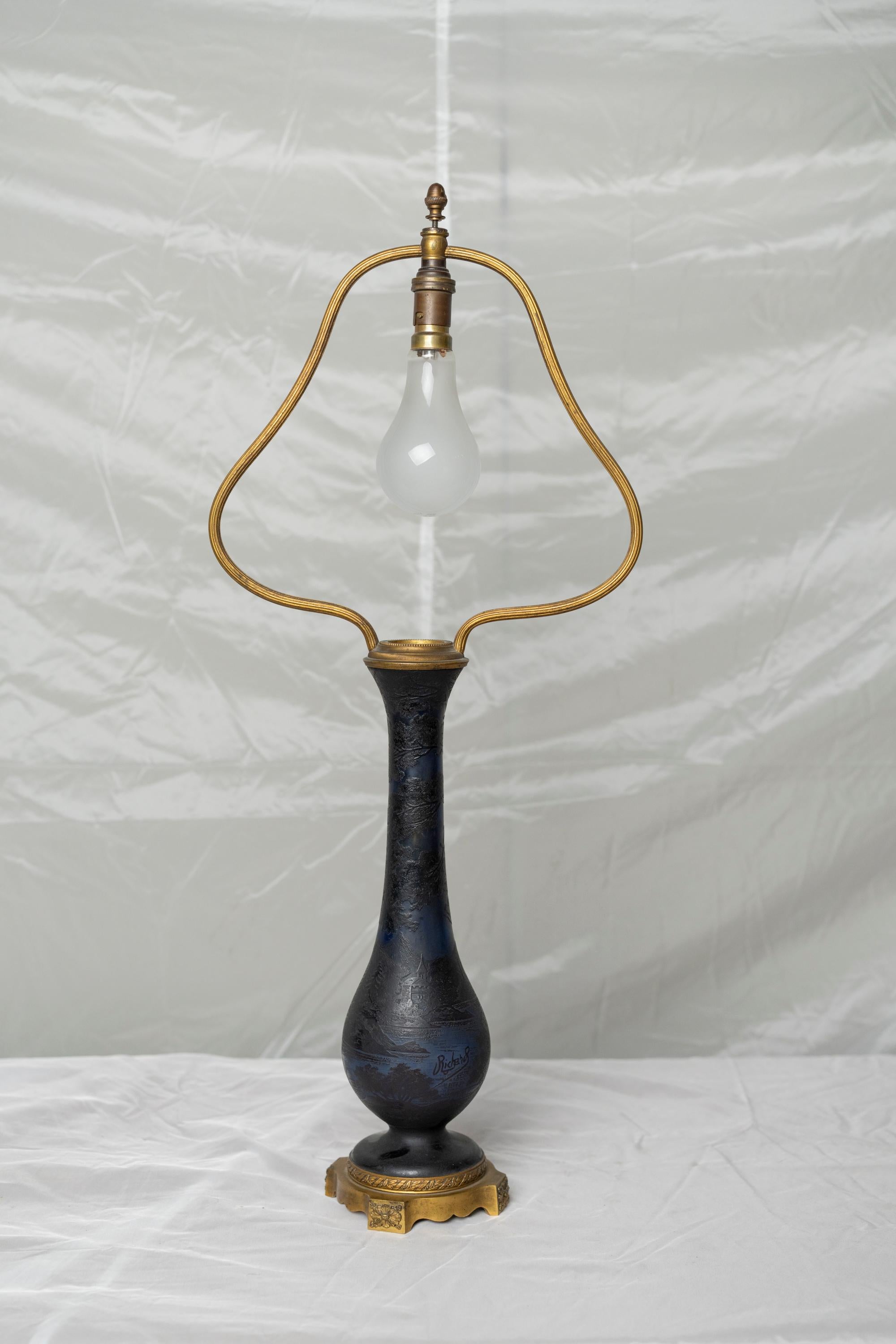Art Nouveau Dark Blue Pâte De Verre Table Lamp by Richard Burgsthal For Sale 2