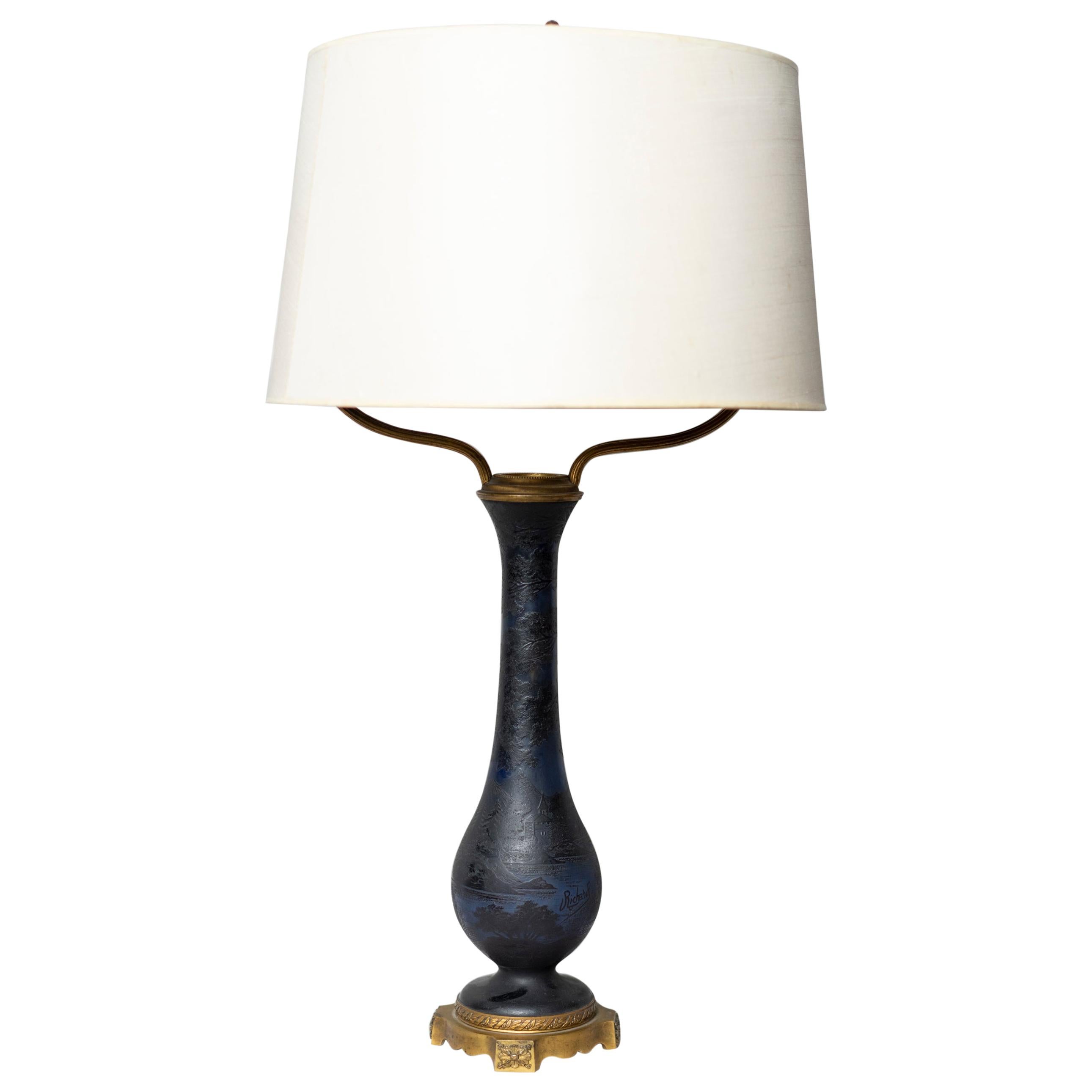 Lámpara de sobremesa Art Nouveau de pasta de vidrio azul oscuro de Richard Burgsthal