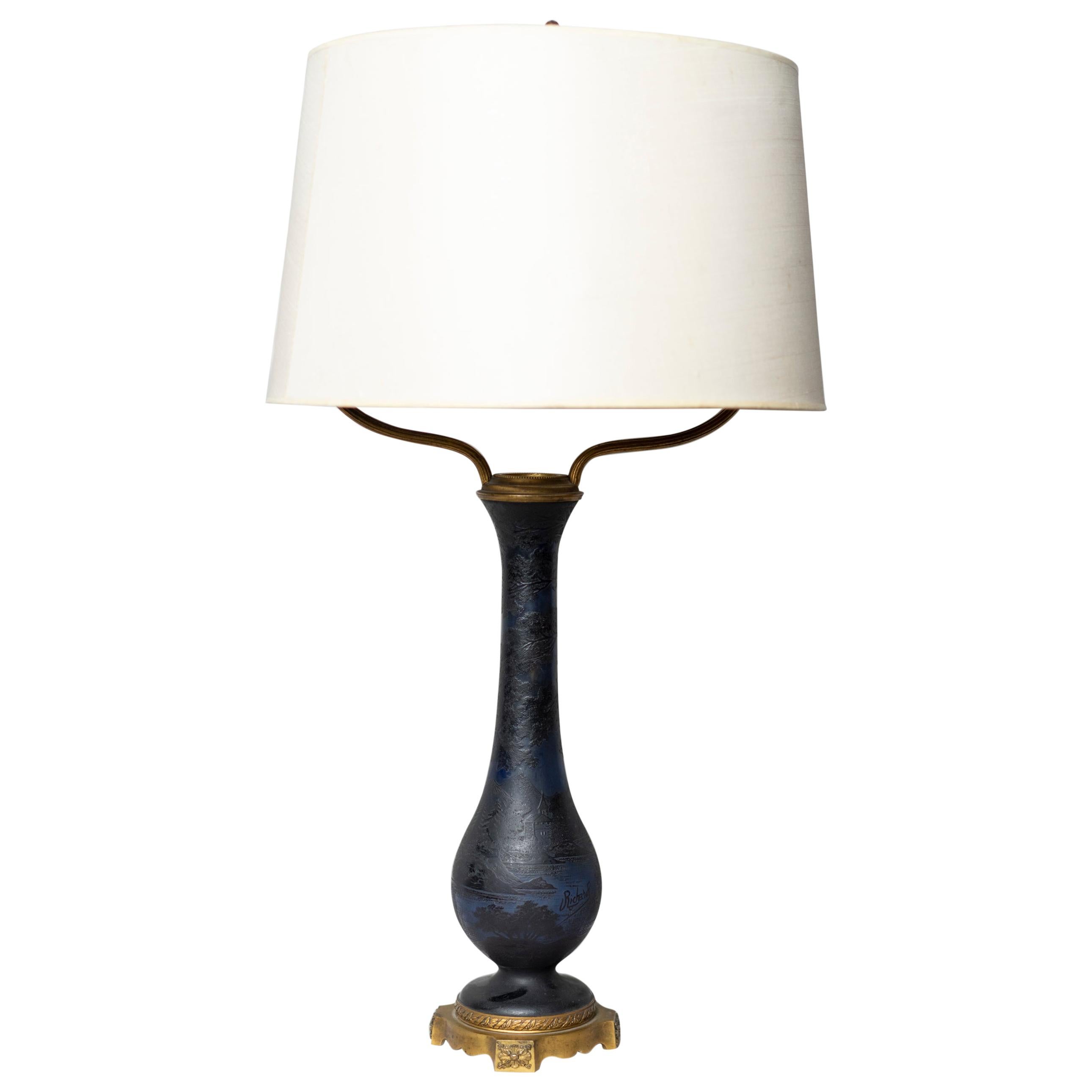 Art Nouveau Dark Blue Pâte De Verre Table Lamp by Richard Burgsthal