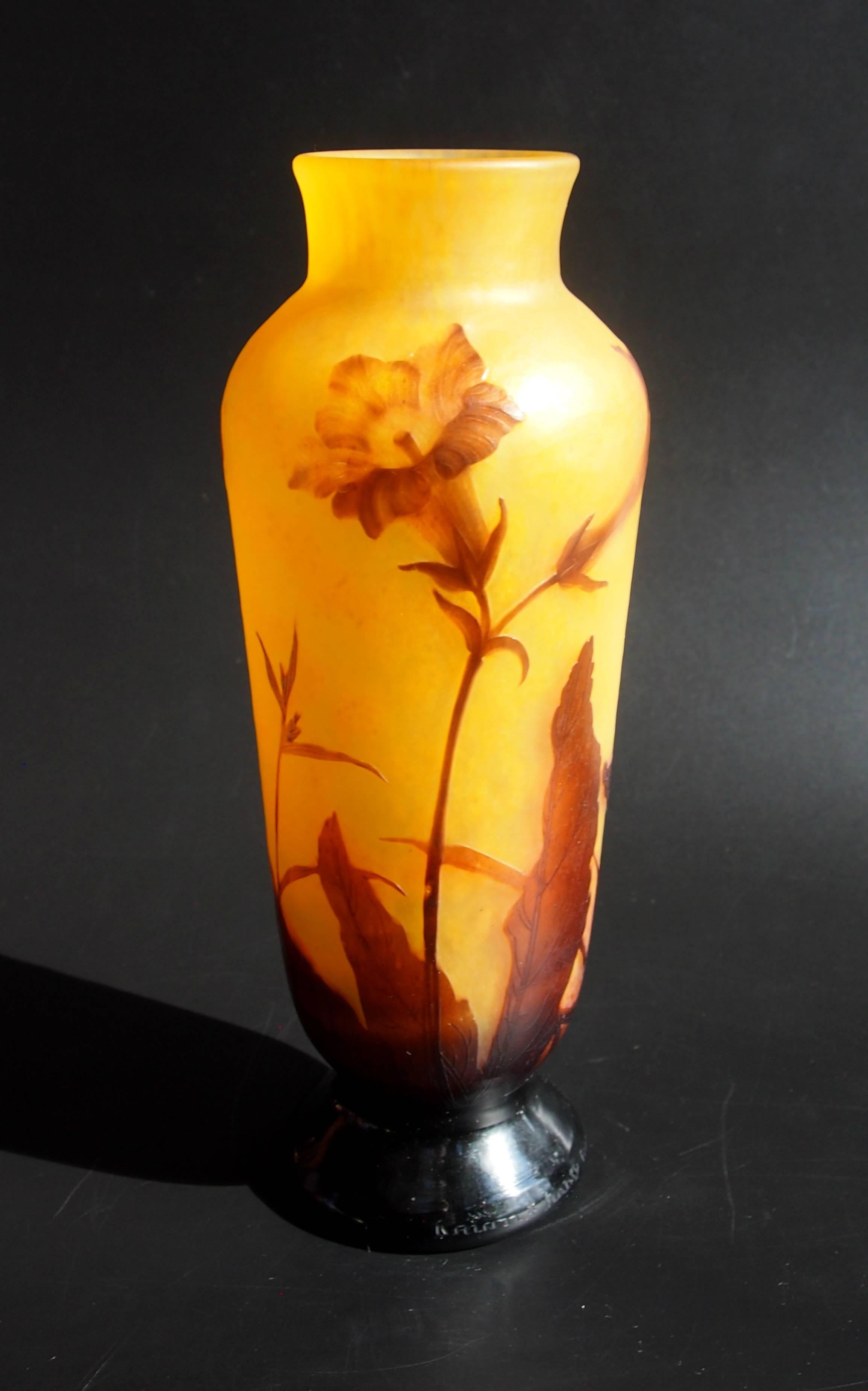French Art Nouveau Daum Cameo and Carved Glass Nicotiana Vase For Sale 4