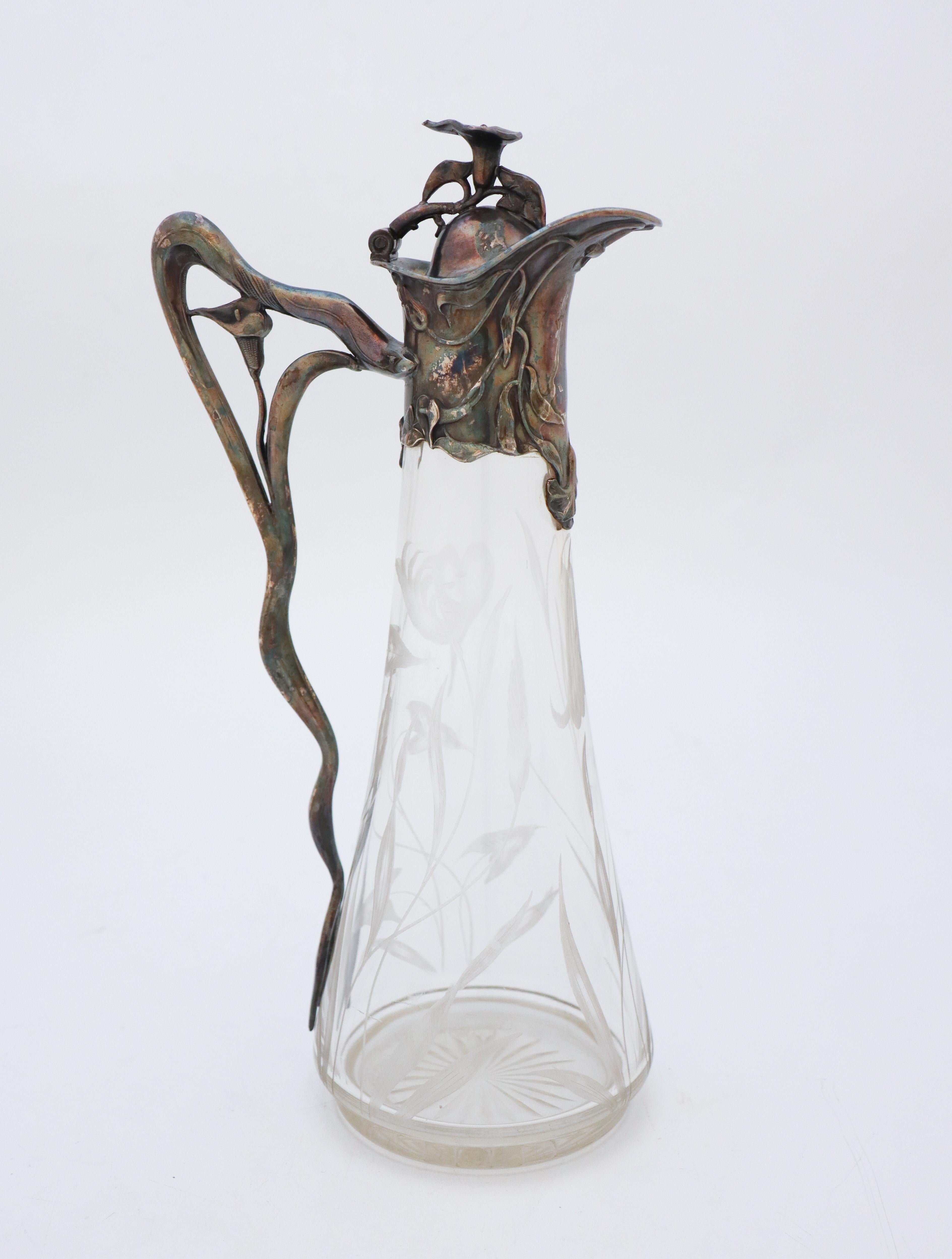 Art Nouveau Decanter, Antique Pitcher, Floral Engraved Glass & Metal, Jugend For Sale 1