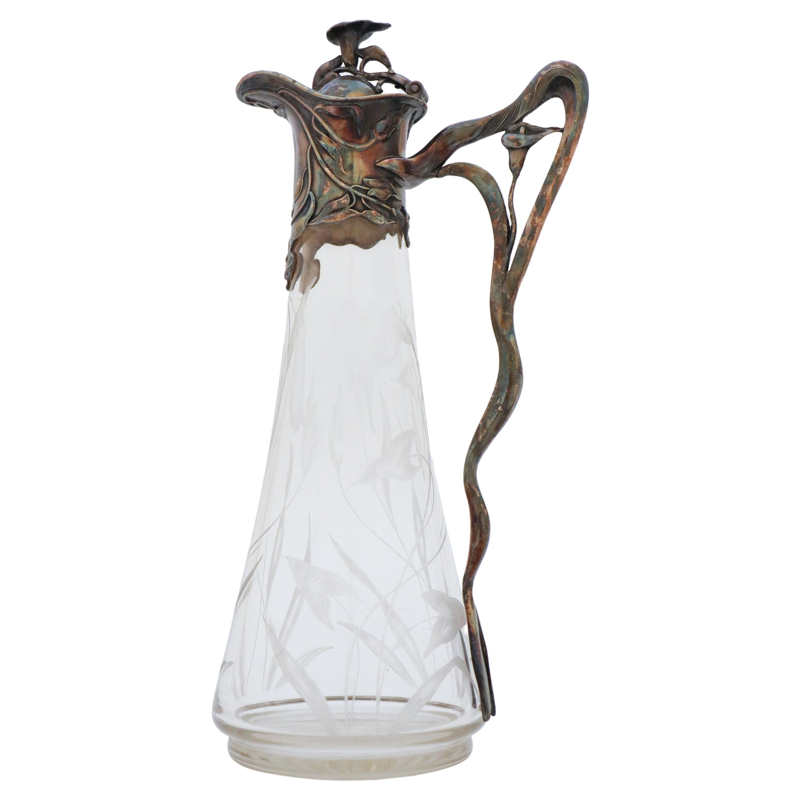 Art Nouveau Decanter, Antique Pitcher, Floral Engraved Glass & Metal, Jugend For Sale