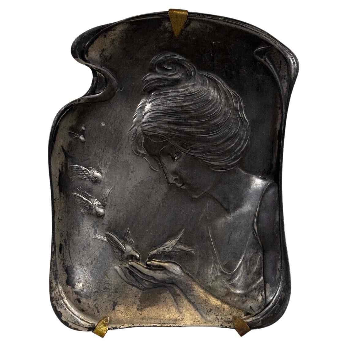 Art Nouveau Deco Antique Silver Plated Tray or Plaque Female Figure with Bird For Sale