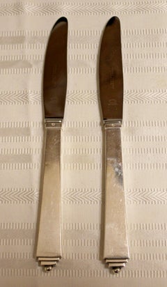 Art Nouveau Deco Georg Jensen Sterling Silver Pyramid Dinner Knives 1940s, Pair