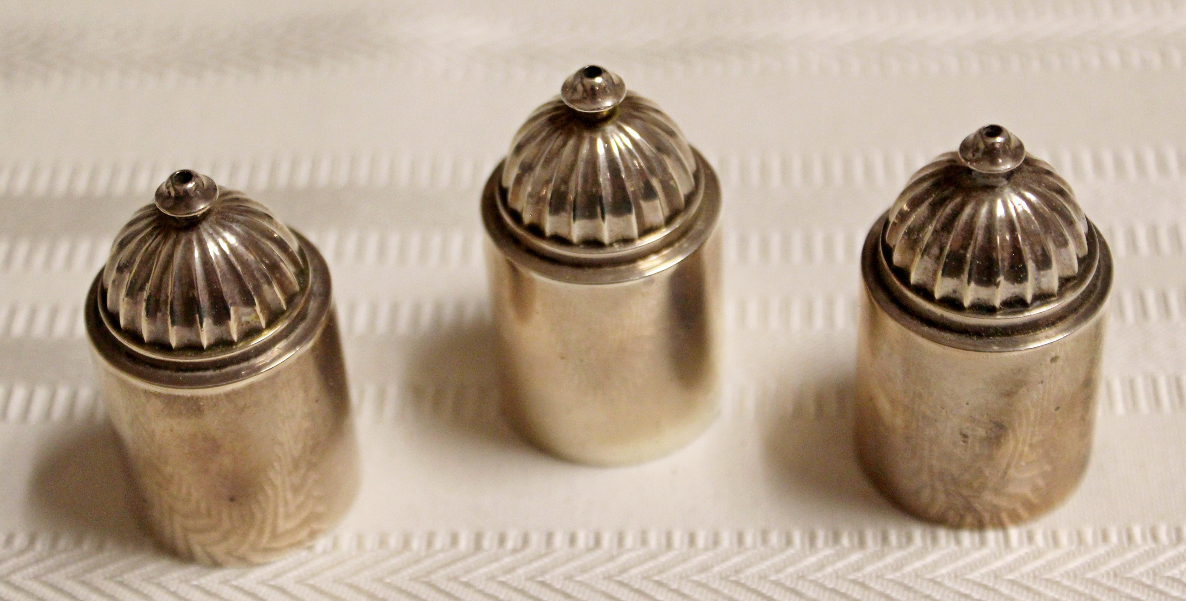 Danish Art Nouveau Deco Georg Jensen Sterling Silver Set of 3 Salt Pepper Shakers 1940s
