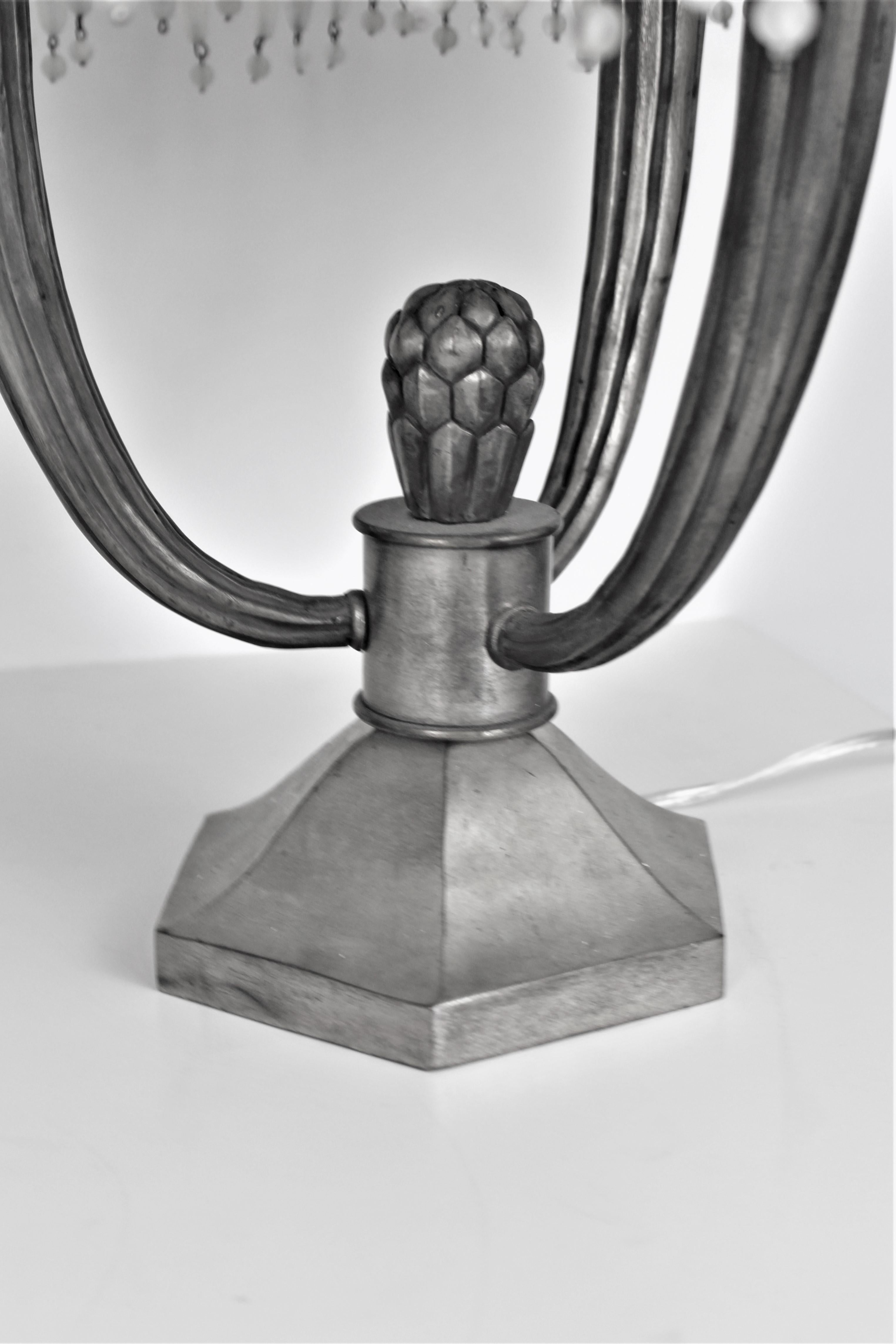 Cast Art Nouveau/ Deco Lamps Silvered Bronze, Glass Beads