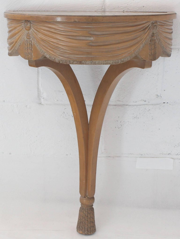 Carved demilune Art Deco console table. Bleached walnut.