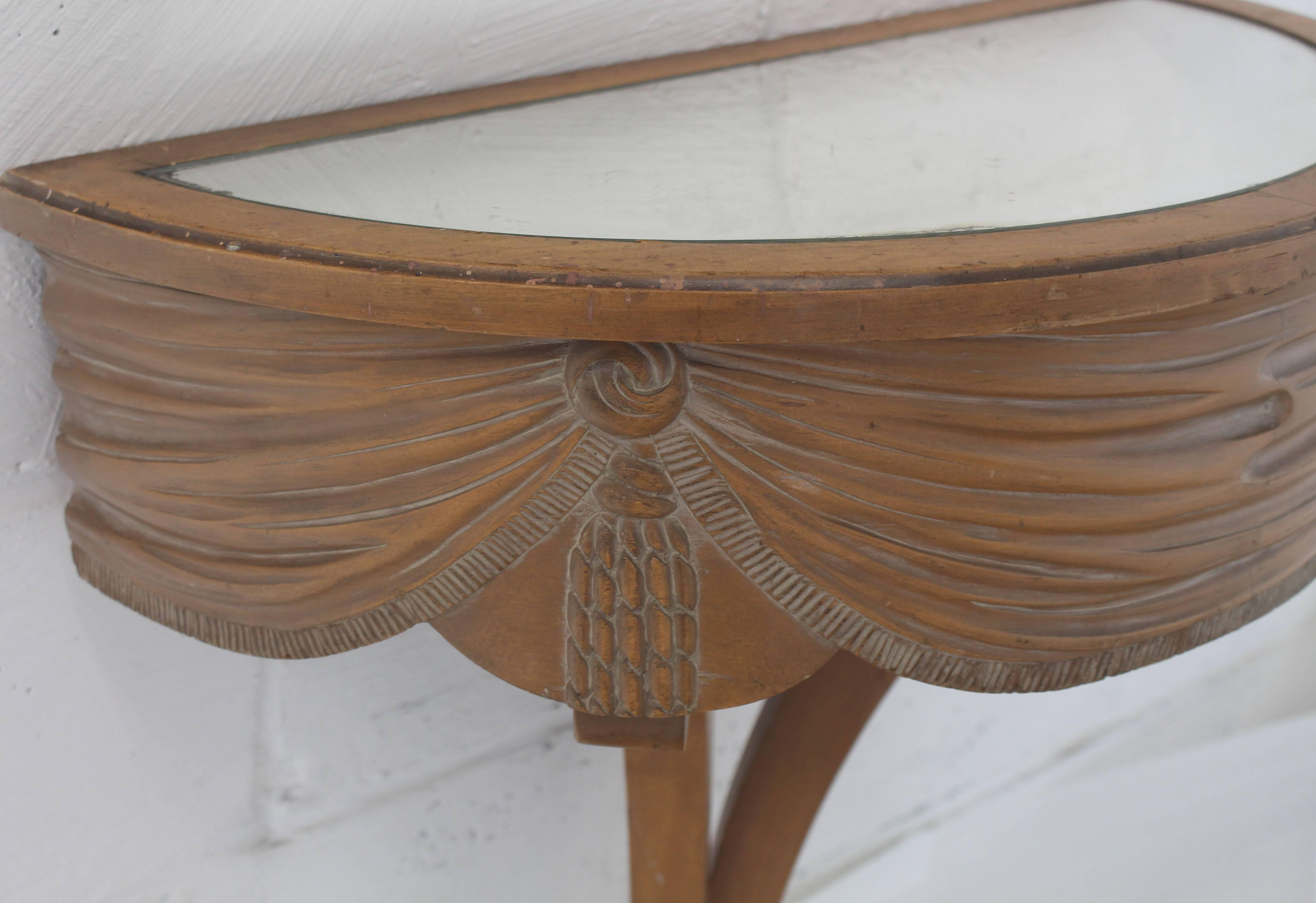 Bleached Art Nouveau Deco Mirror Top Carved Demilune Console Table