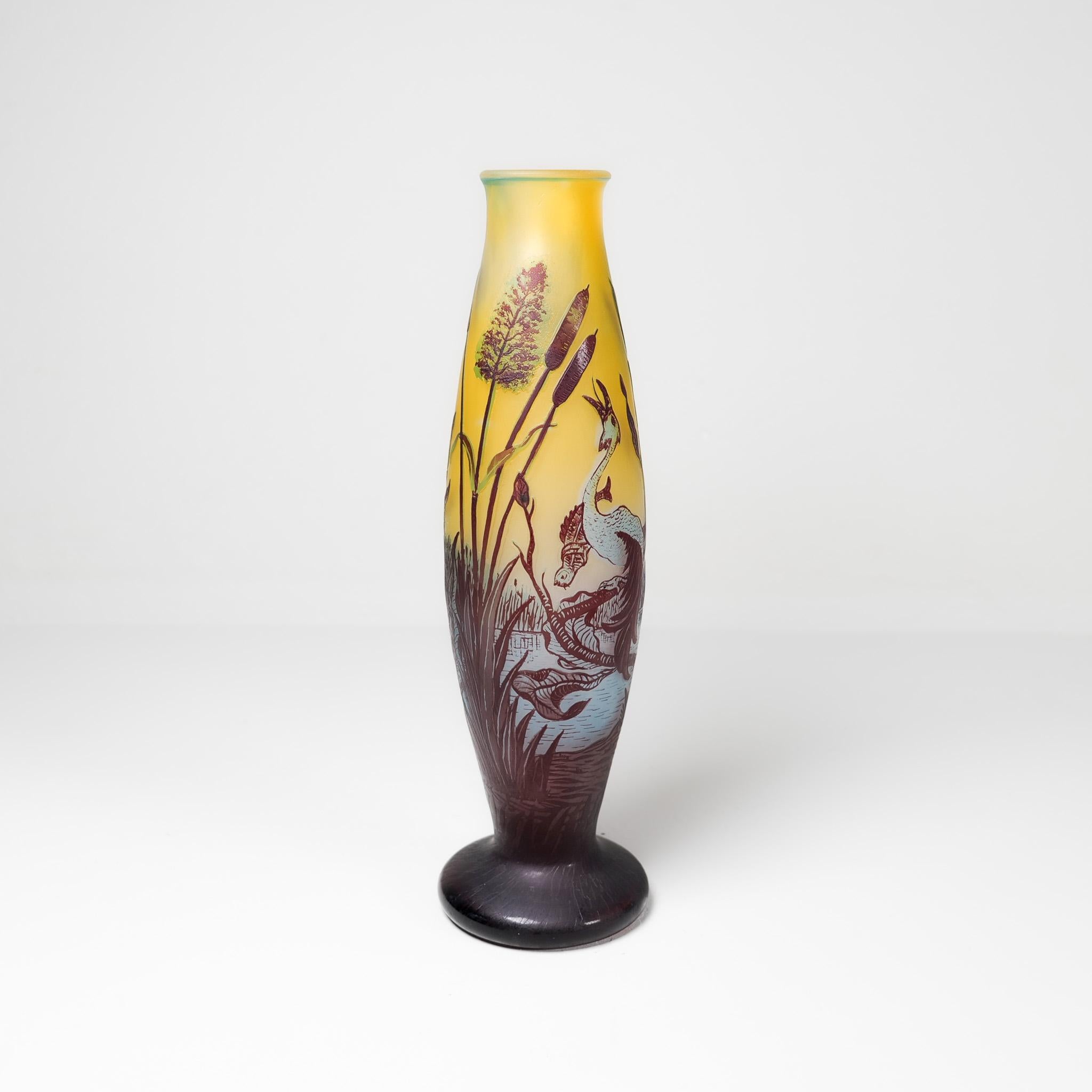 Art Nouveau carved glass vase. Nice shapes and forms with beautiful carved motive. In exceptionally good condition. The vase is signed under bottom. Dated 1901-1910 Sweden probably Axel Enoch Boman.

Wonderful original condition. 

Measures H 40cm,