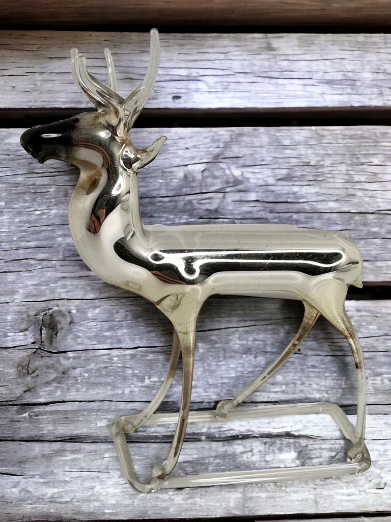Hand Blown Art Glass Figurine, Stag Deer on Burl Wood Stand, image size:768x1024