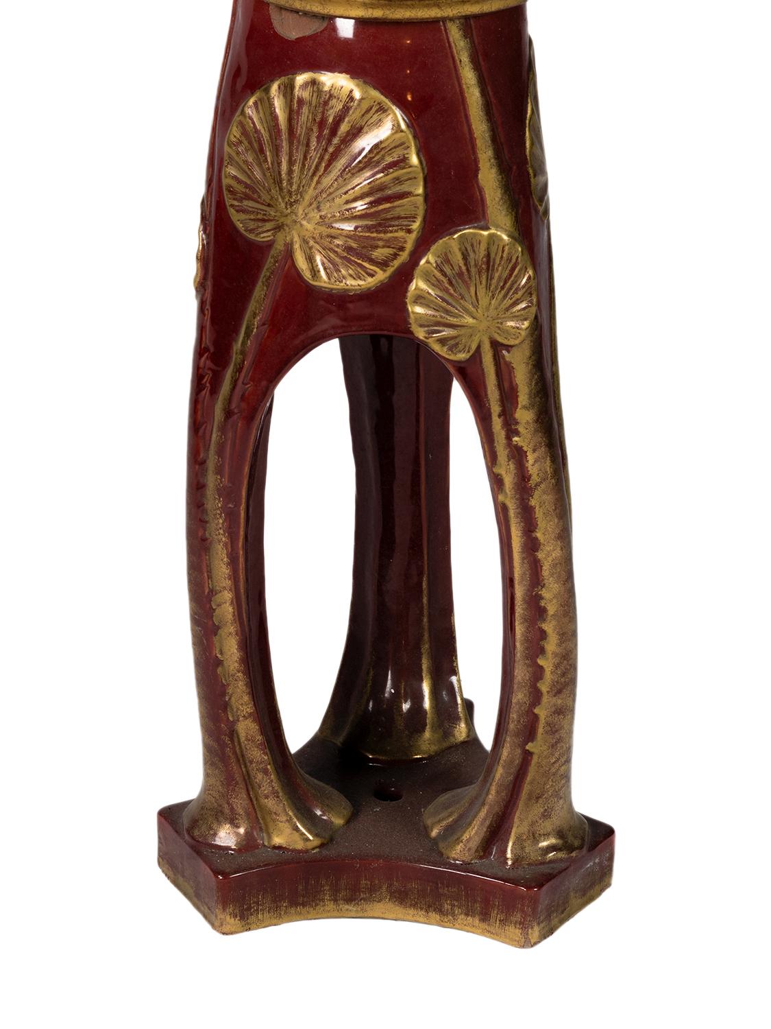French Art Nouveau  Delphin Massier Majolica Jardinière with pedestal For Sale