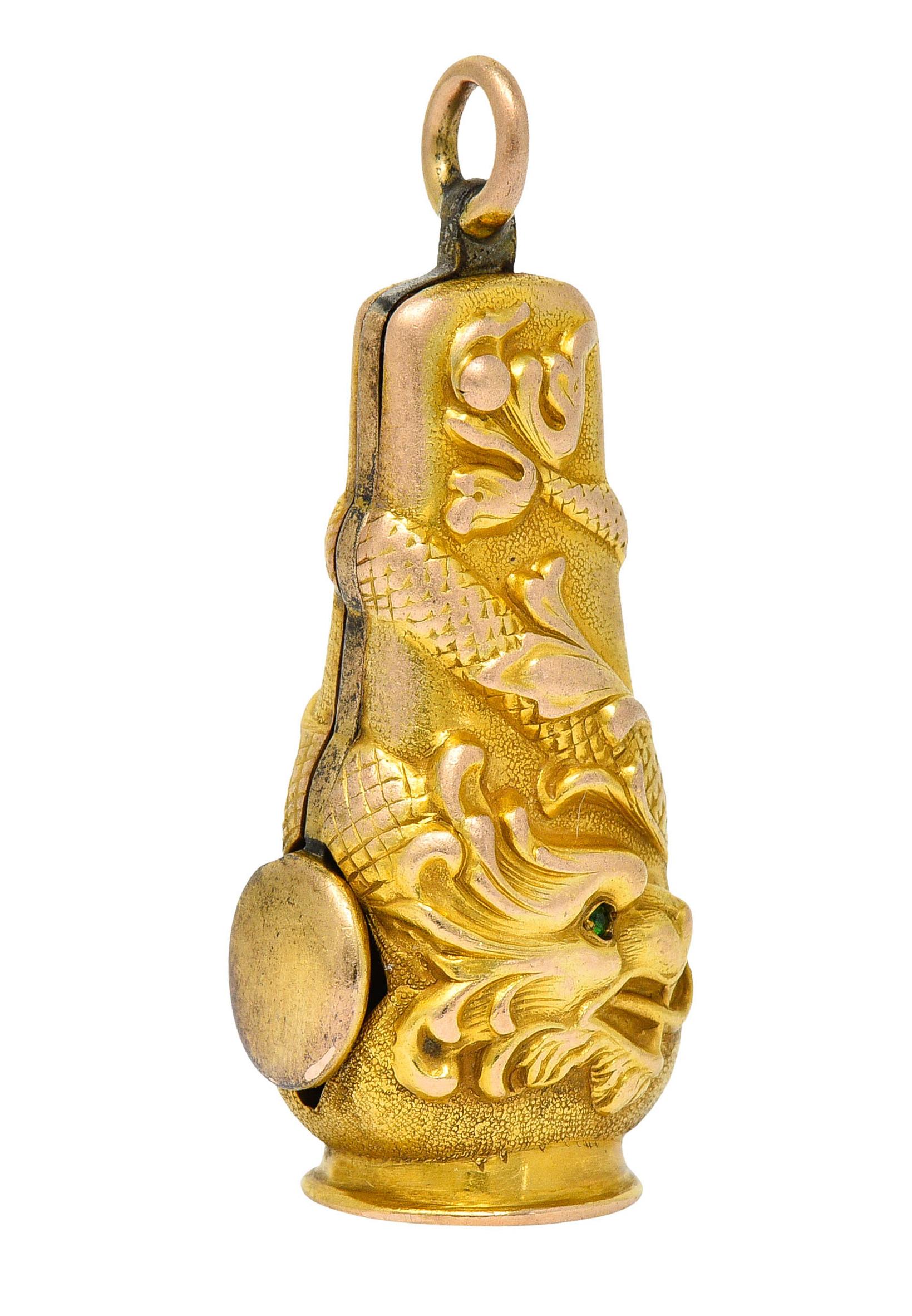 Women's or Men's Art Nouveau Demantoid Garnet 14 Karat Rose Gold Cigar Cutter Dragon Pendant