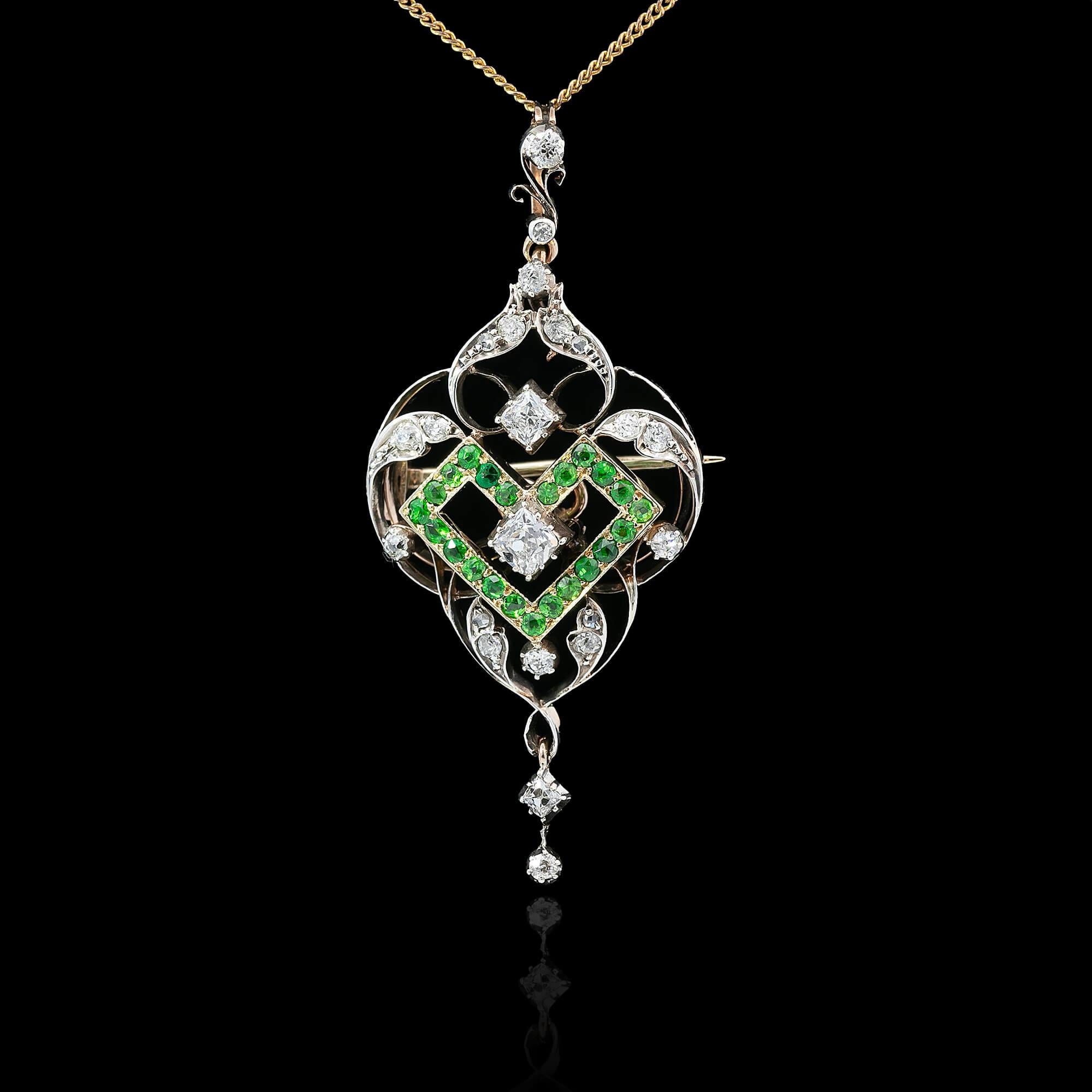 Art Nouveau Demantoid Garnet & Diamond Pendant Brooch 1890s In Good Condition For Sale In ADELAIDE, SA
