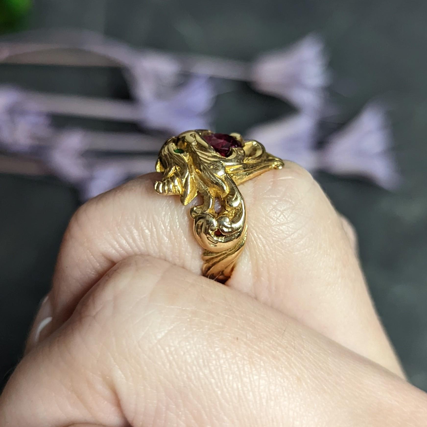 Art Nouveau Demantoid Garnet Ruby 14 Karat Gold Gargoyle Band Ring 5
