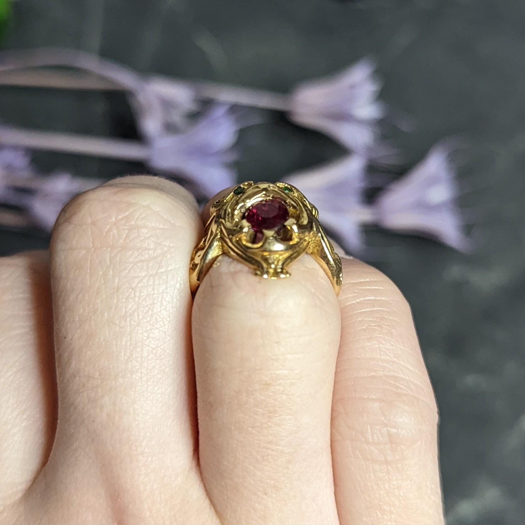 Art Nouveau Demantoid Garnet Ruby 14 Karat Gold Gargoyle Band Ring 6