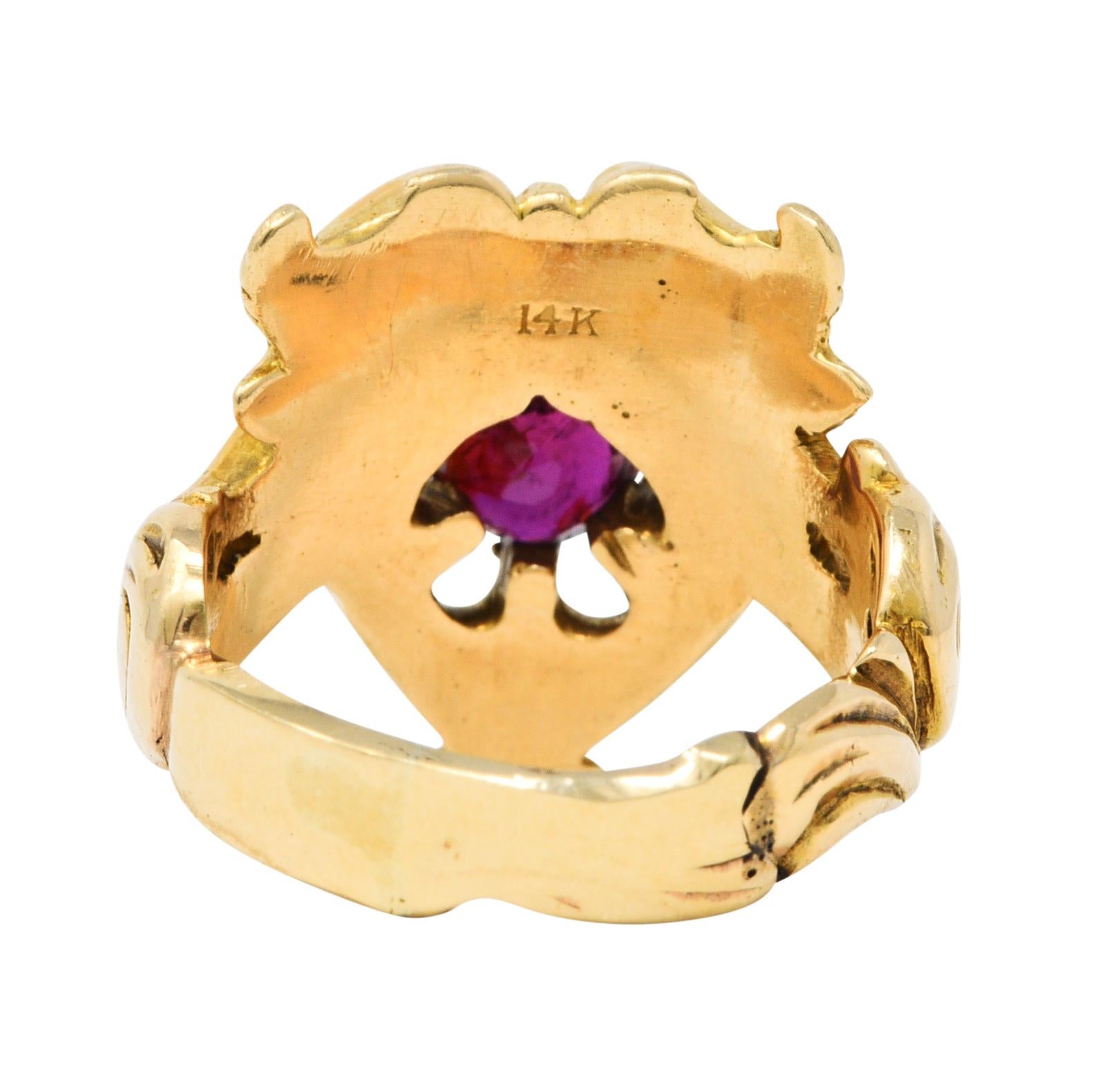 Round Cut Art Nouveau Demantoid Garnet Ruby 14 Karat Gold Gargoyle Band Ring