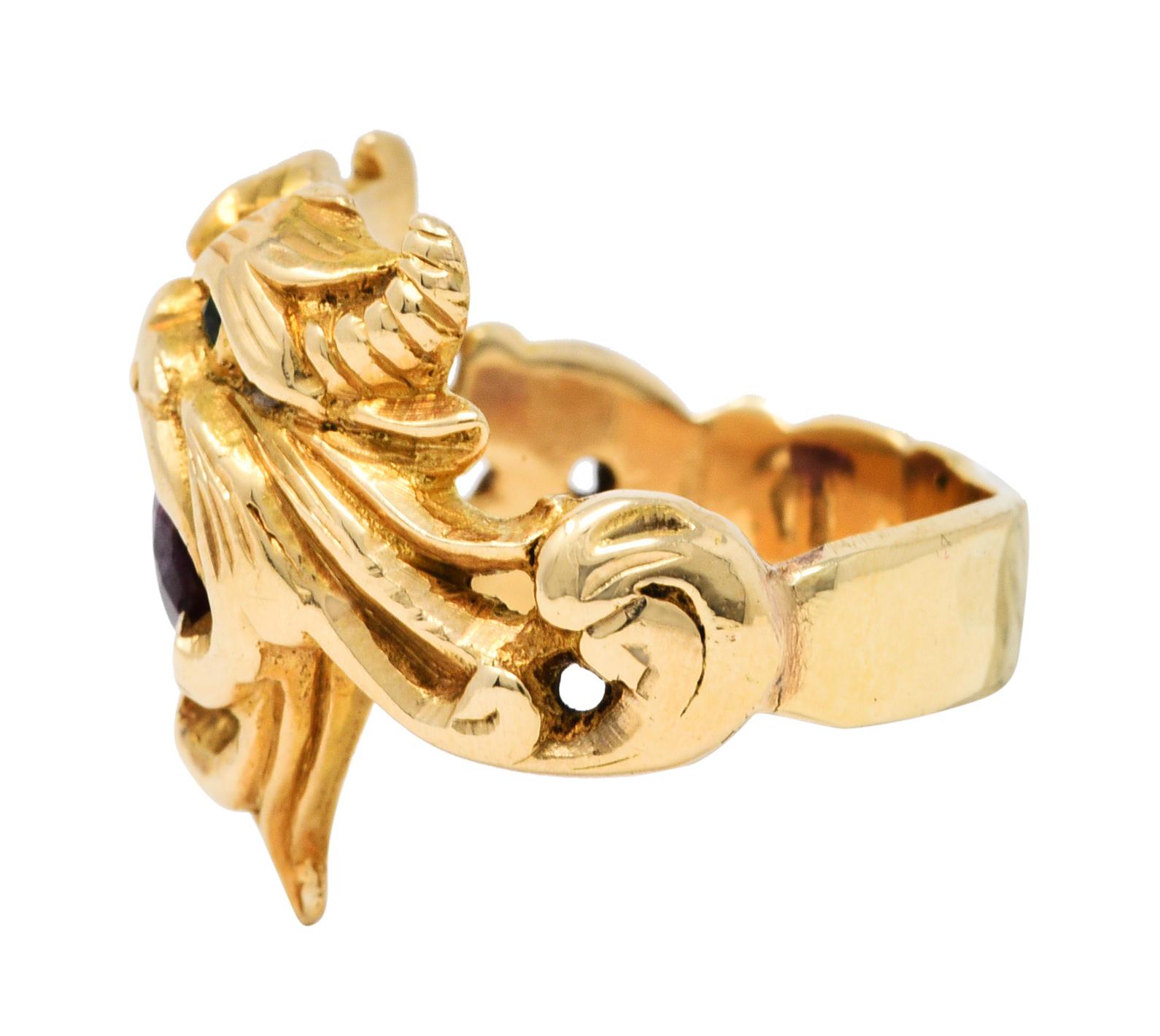 Art Nouveau Demantoid Garnet Ruby 14 Karat Gold Gargoyle Band Ring In Excellent Condition In Philadelphia, PA