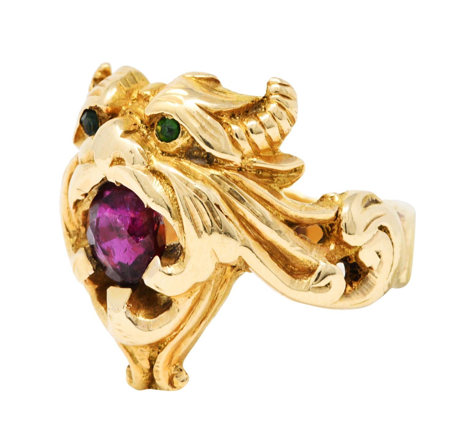 Women's or Men's Art Nouveau Demantoid Garnet Ruby 14 Karat Gold Gargoyle Band Ring