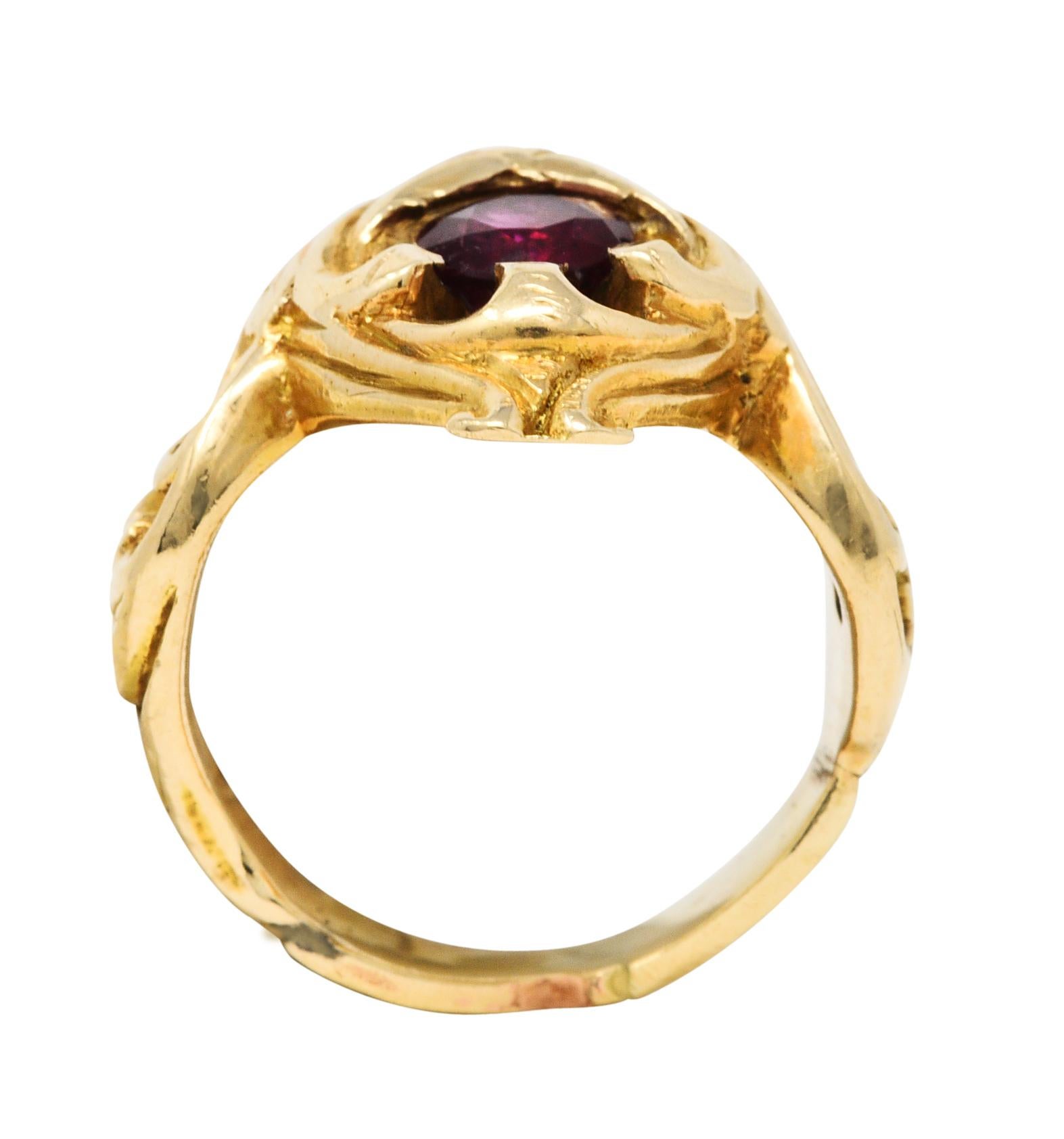 Art Nouveau Demantoid Garnet Ruby 14 Karat Gold Gargoyle Band Ring 2