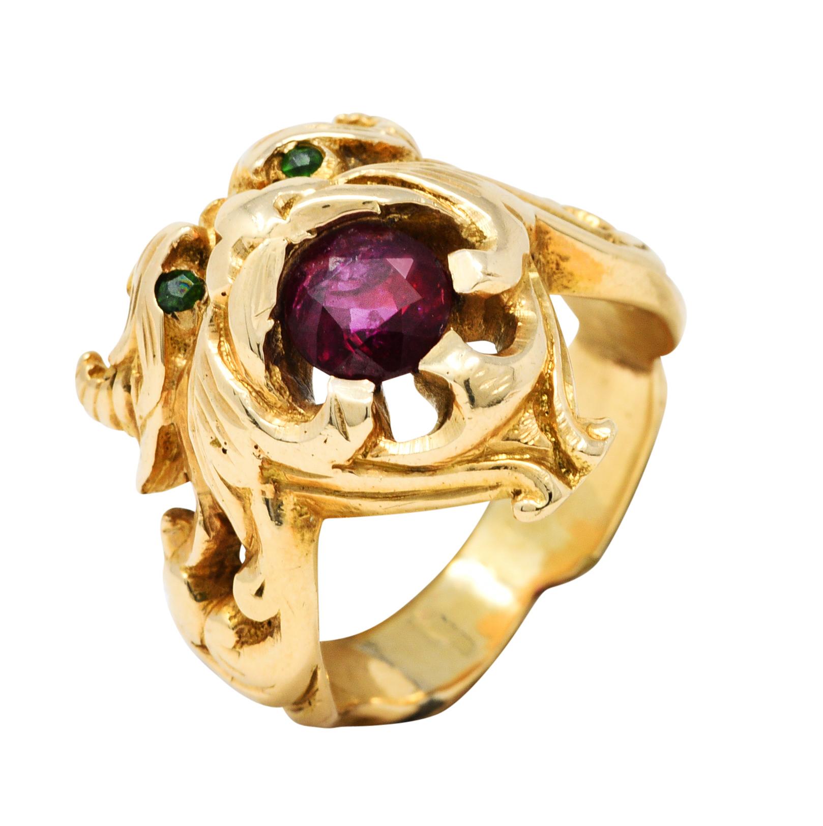 Art Nouveau Demantoid Garnet Ruby 14 Karat Gold Gargoyle Band Ring 3