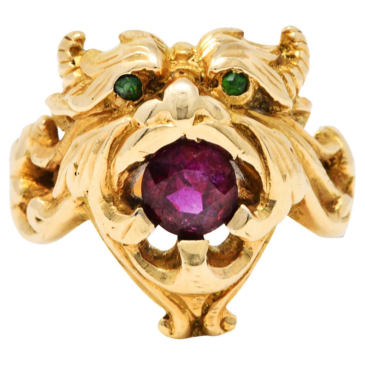 Art Nouveau Demantoid Garnet Ruby 14 Karat Gold Gargoyle Band Ring