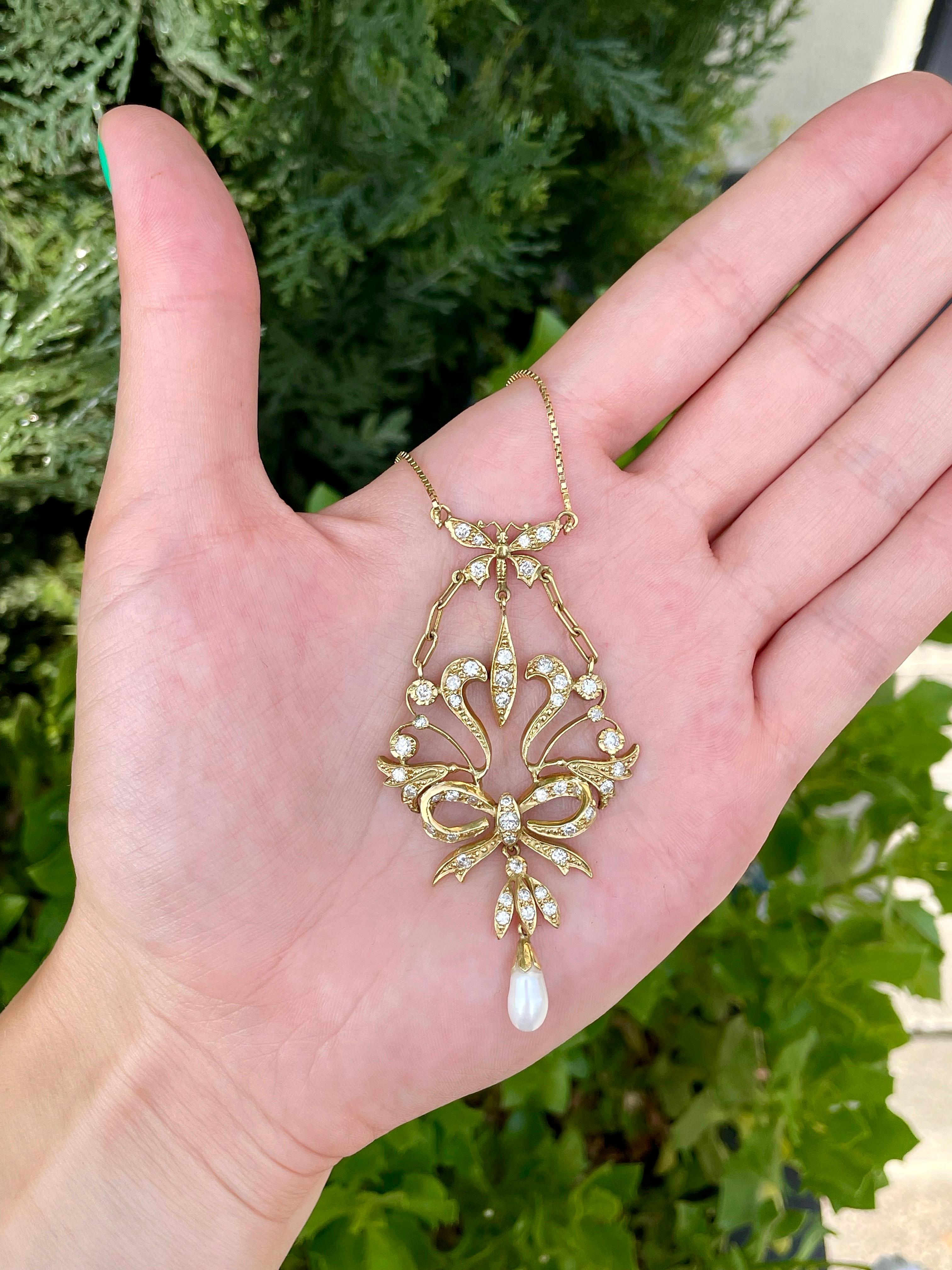 Art Nouveau Design 18K Yellow Gold 1, 50ct Diamond Pearl Floral Lavalier Necklace 2