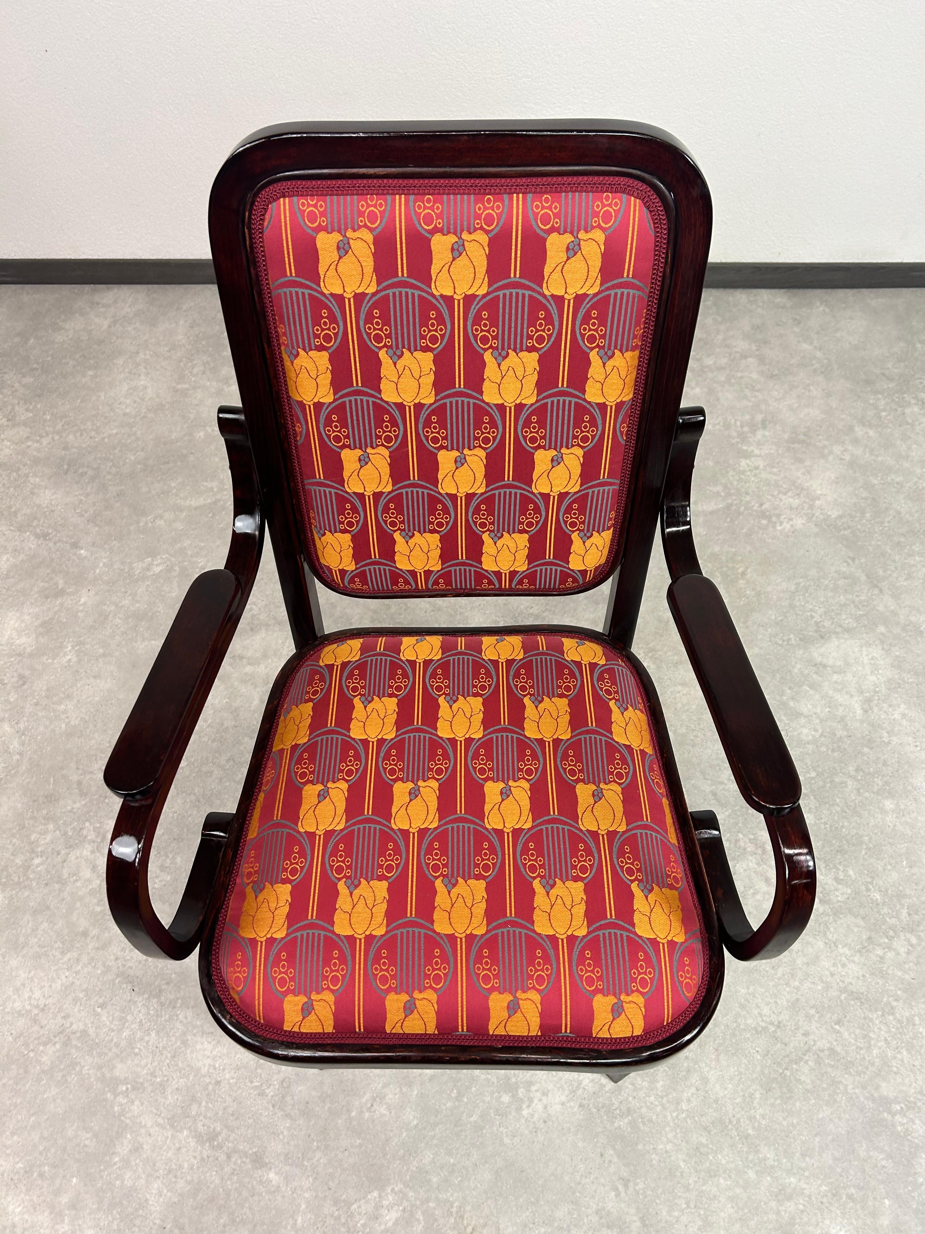 Art nouveau desk chair by Gustav Siegel for Thonet. Professionally stained and repolished with new fabric.