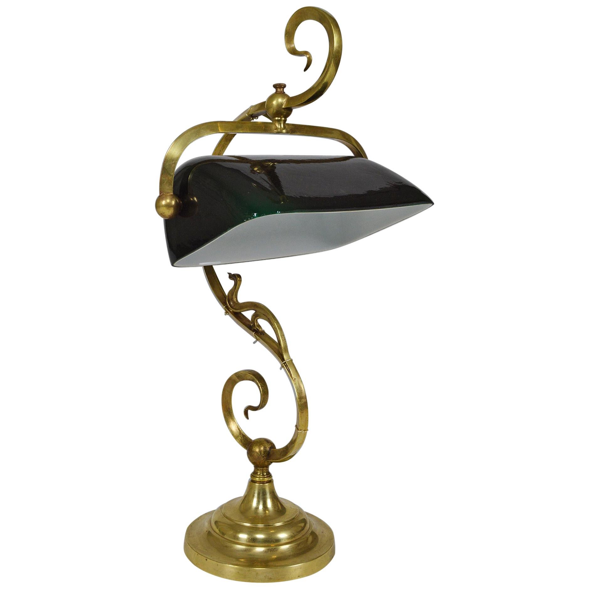 Art Nouveau Desk or Piano Lamp, Bronze & Green Opaline Glass France, circa 1905 For Sale