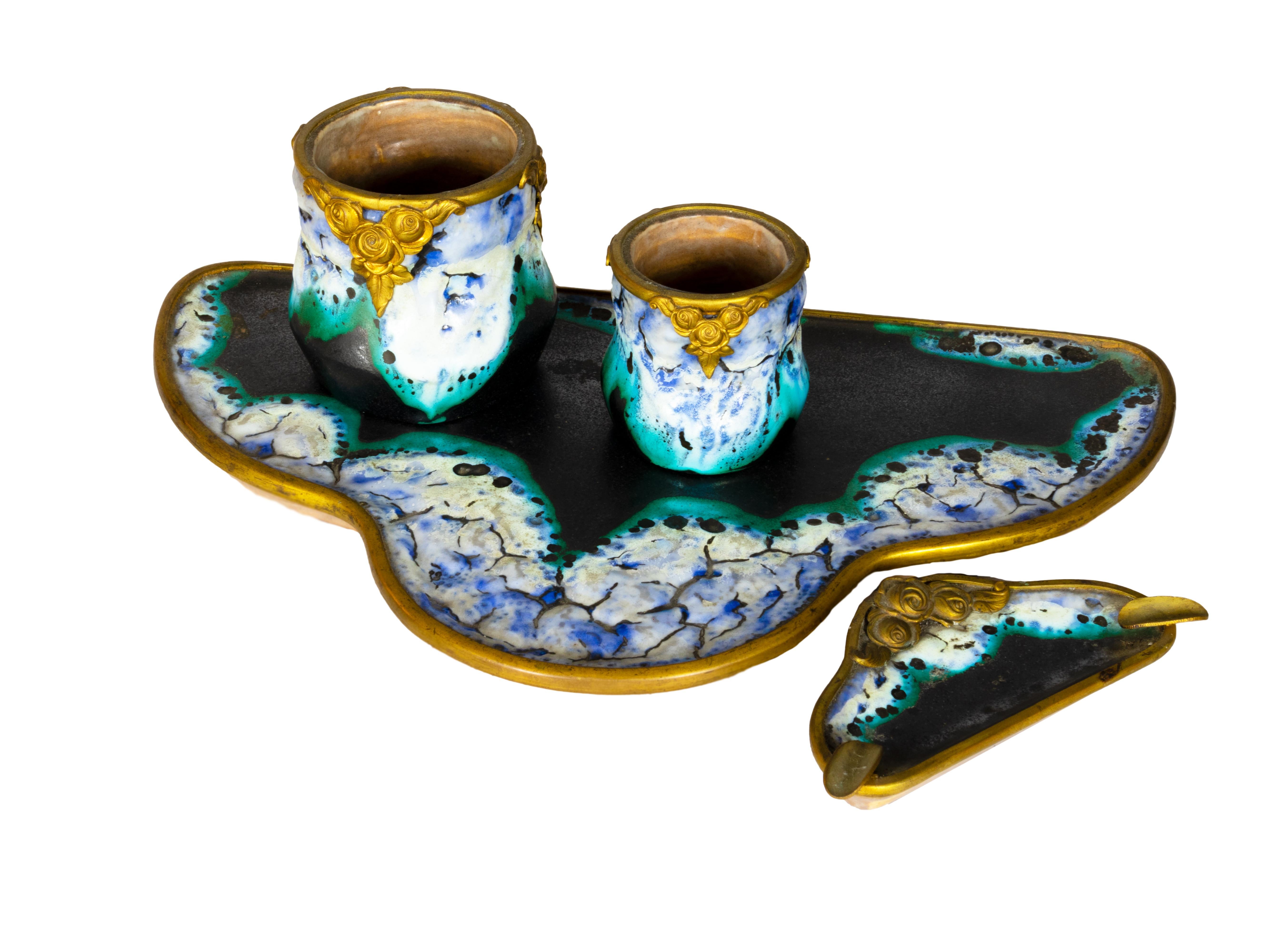 Jugendstil-Schreibtischset aus Keramik und vergoldeter Bronze, Frankreich, 1900er Jahre im Angebot 3