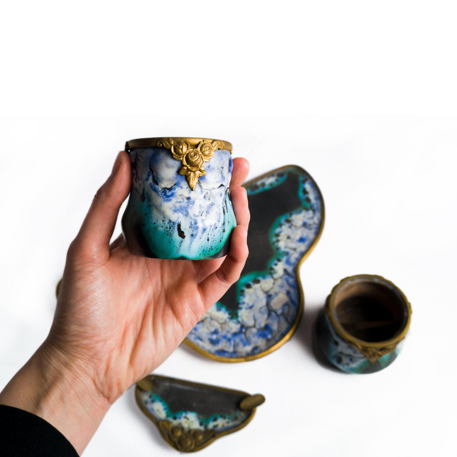 Set da scrivania Art Nouveau in ceramica e bronzo dorato, Francia, 1900 in vendita 4