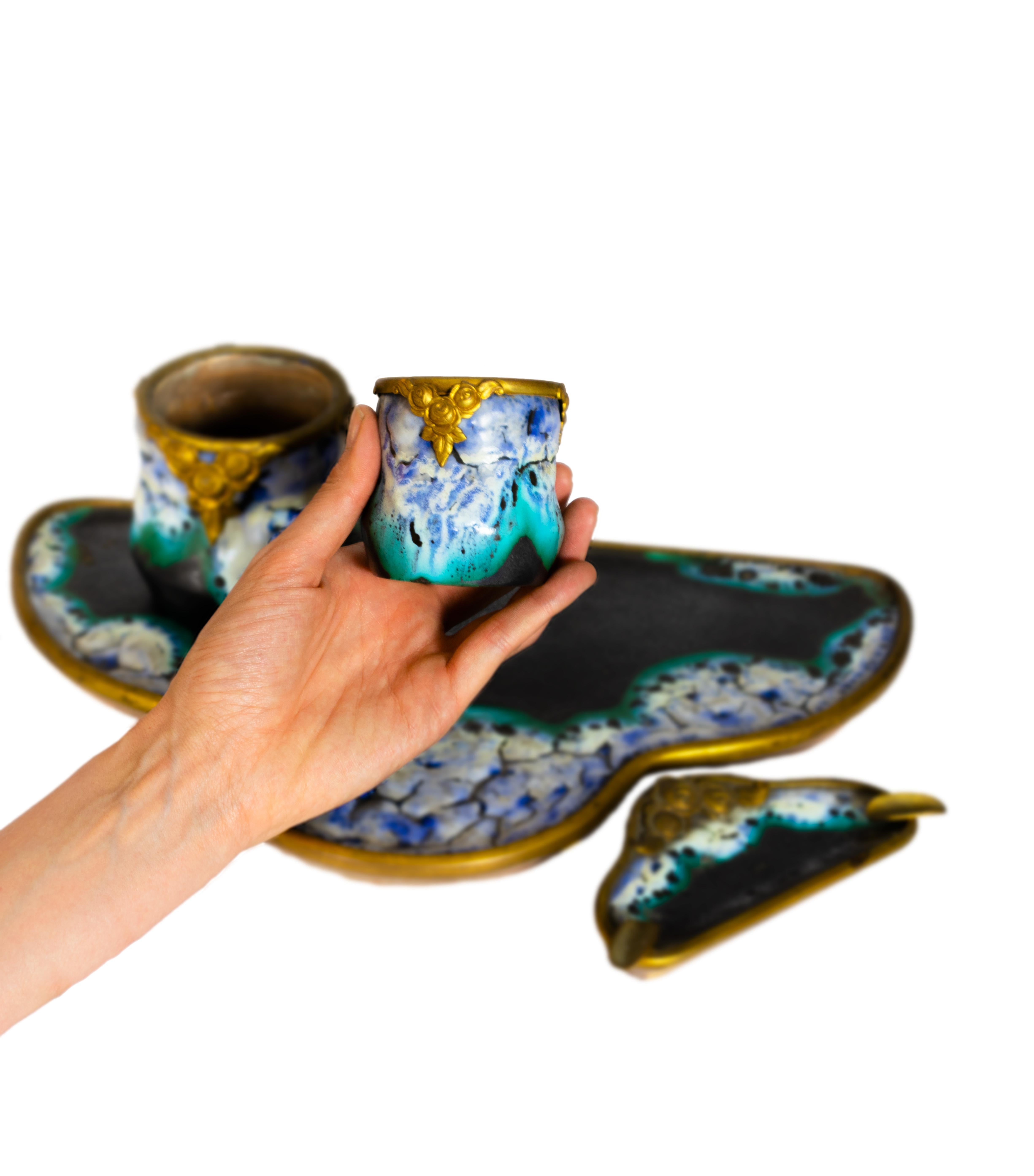 Set da scrivania Art Nouveau in ceramica e bronzo dorato, Francia, 1900 in vendita 5