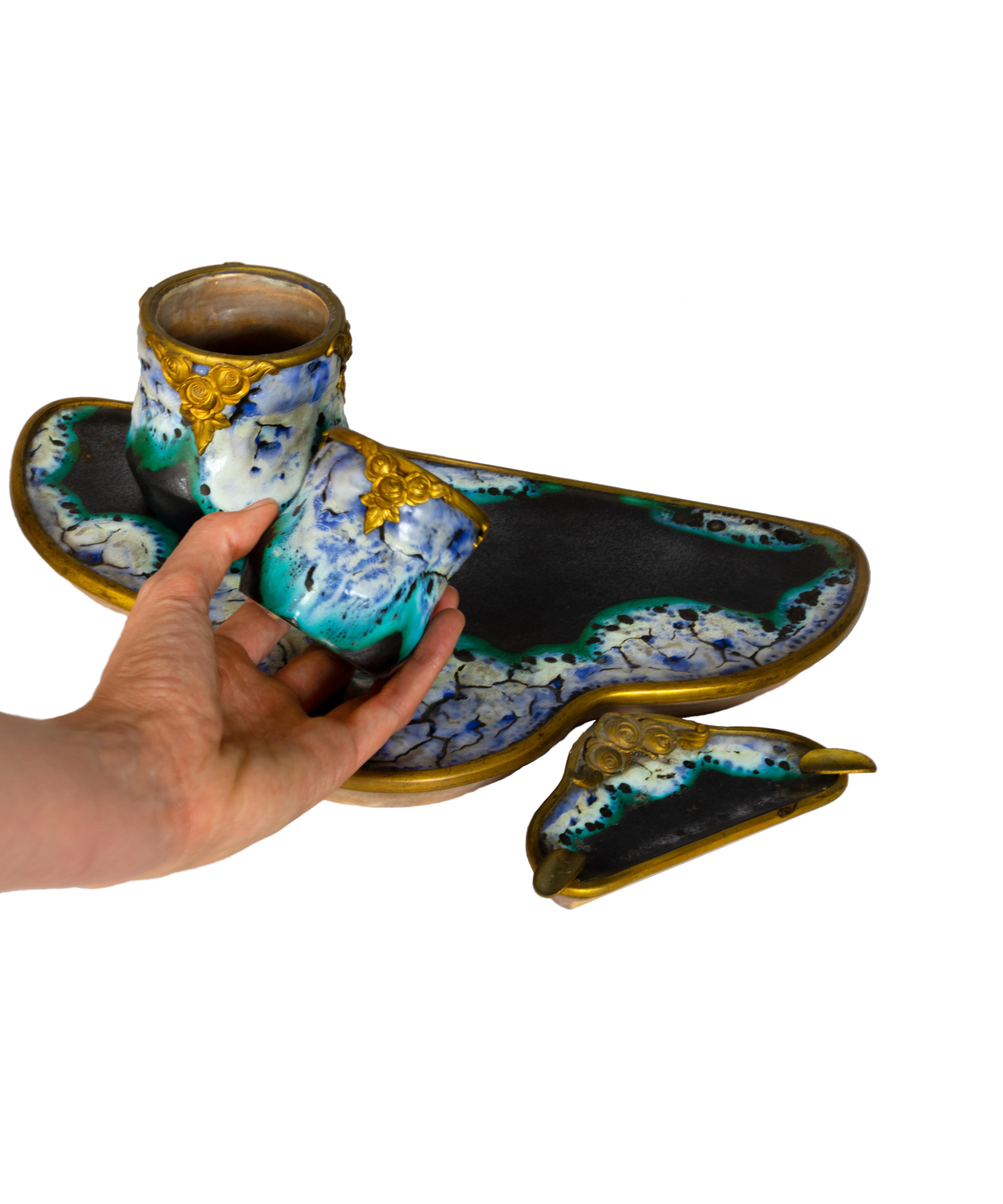 Set da scrivania Art Nouveau in ceramica e bronzo dorato, Francia, 1900 in vendita 6